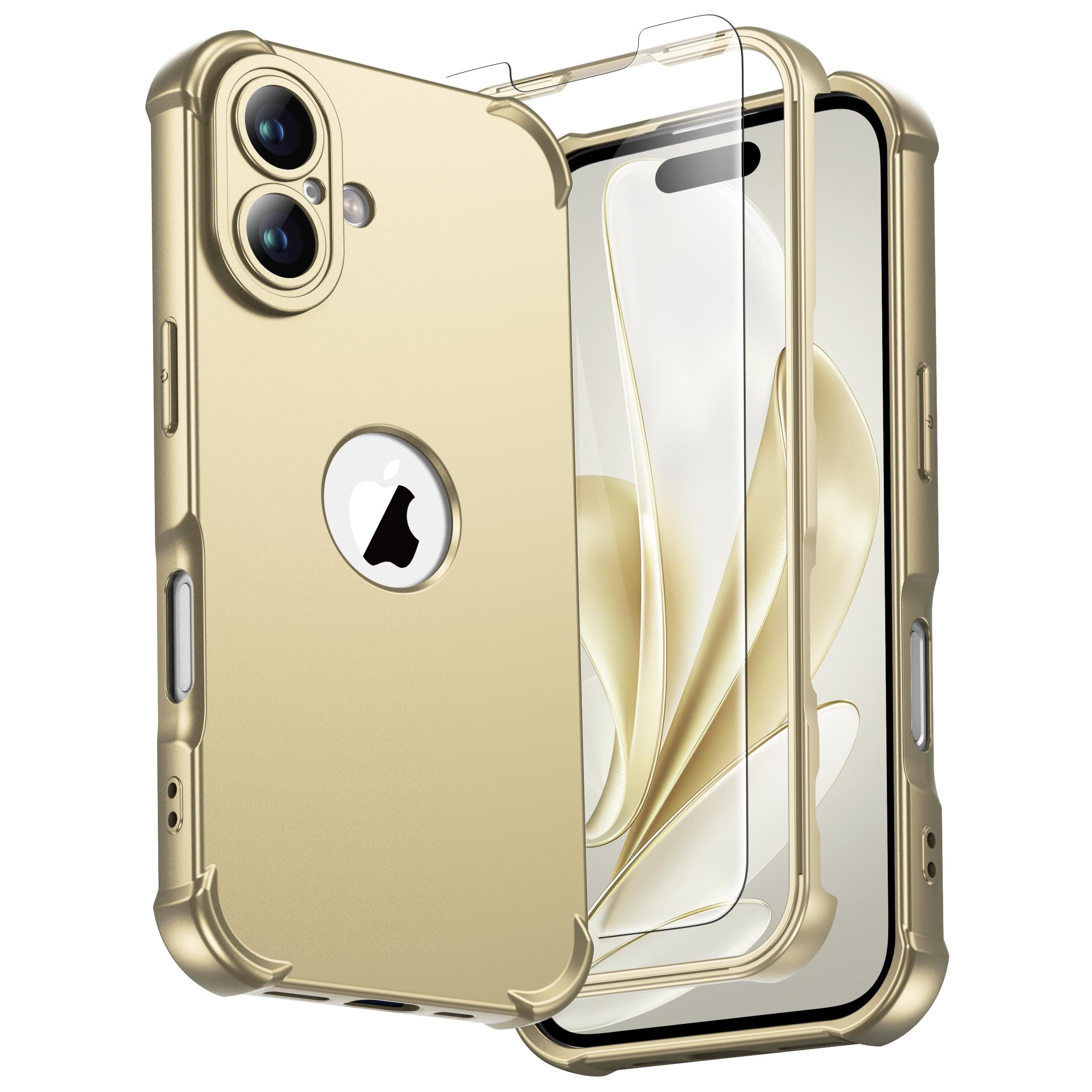 ORETECH Coque pour iPhone 16 + 2 Pièces Verre Trempé Protection écran, Antirayures Rigide PC et Souple TPU Arrière Protection Antichoc Qualité Militaire Etui pour iPhone 16 6,1 Pouces, Or