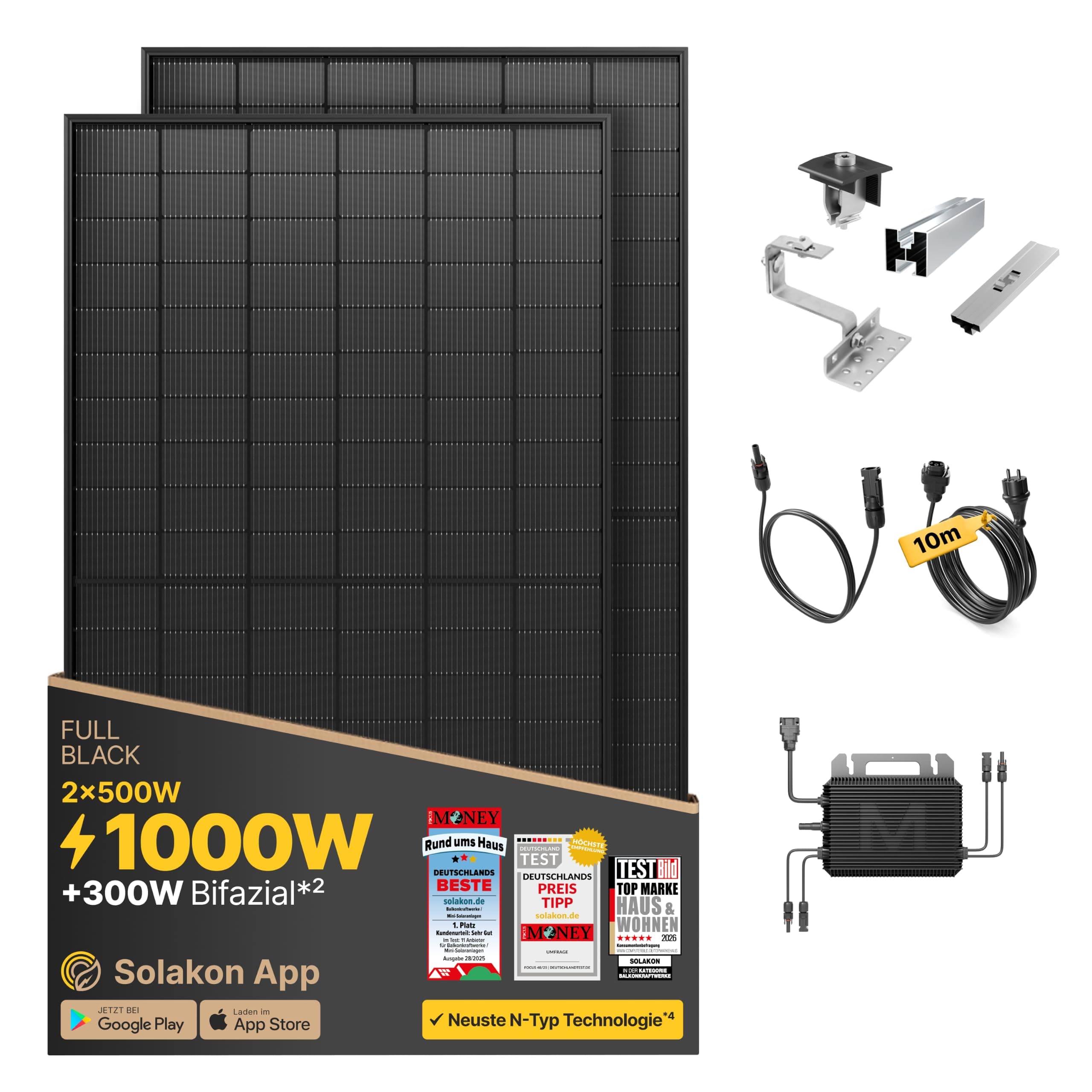 Solakon® 1000W Balkonkraftwerk mit Halterung (Ziegeldach, Paarmontage) - 800W komplett Steckdose - neuester 800W Wechselrichter - Solaranlage Komplettset - 500W bifaziale Solarmodule inkl. Zubehör