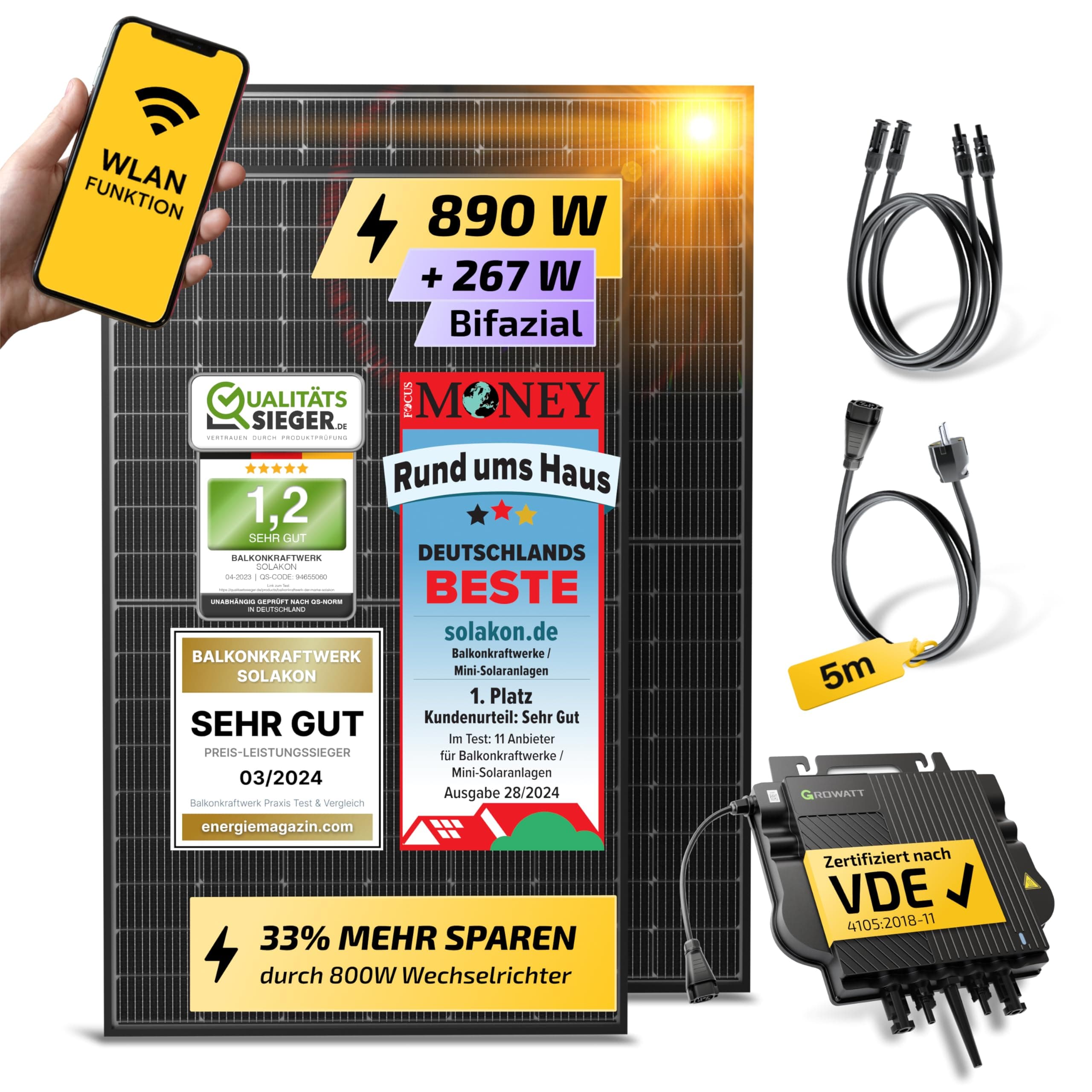 Solakon 900W Balkonkraftwerk - Balkonkraftwerk 800W komplett Steckdose - neuester 800 Watt Wechselrichter - Solaranlage Komplettset - 450W bifaziale Solarmodule inkl Zubehör - 5m Kabel, Ohne Halterung