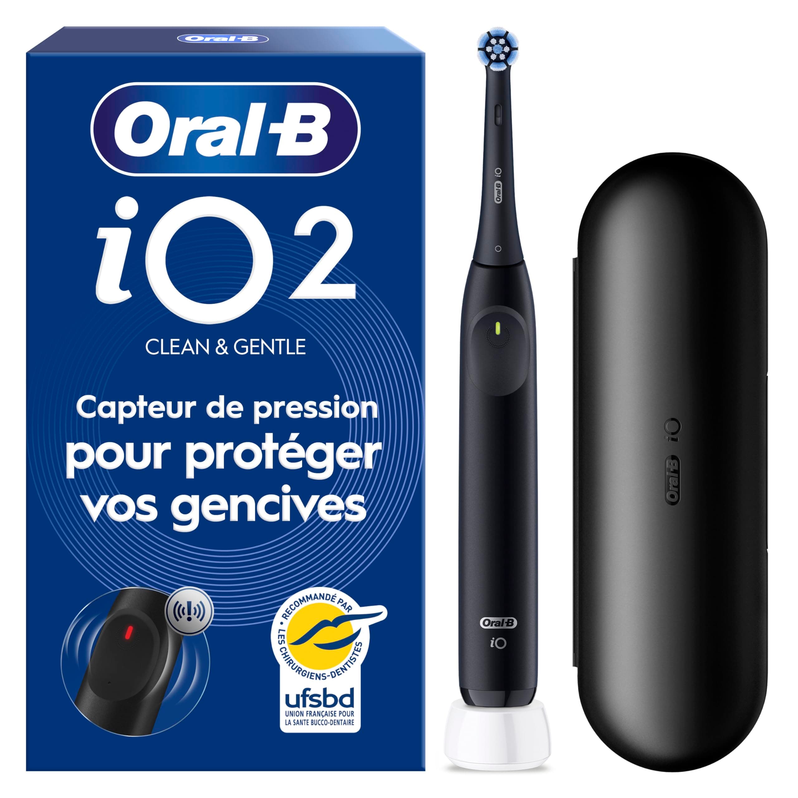 Oral-B Brosse à Dents Electrique iO 2 avec 1 Brossette de Rechange, Noire – 3 Modes de Brossage dont Douceur, Capteur de Pression sur les Gencives, Batterie Rechargeable, Silencieuse, avec Etui