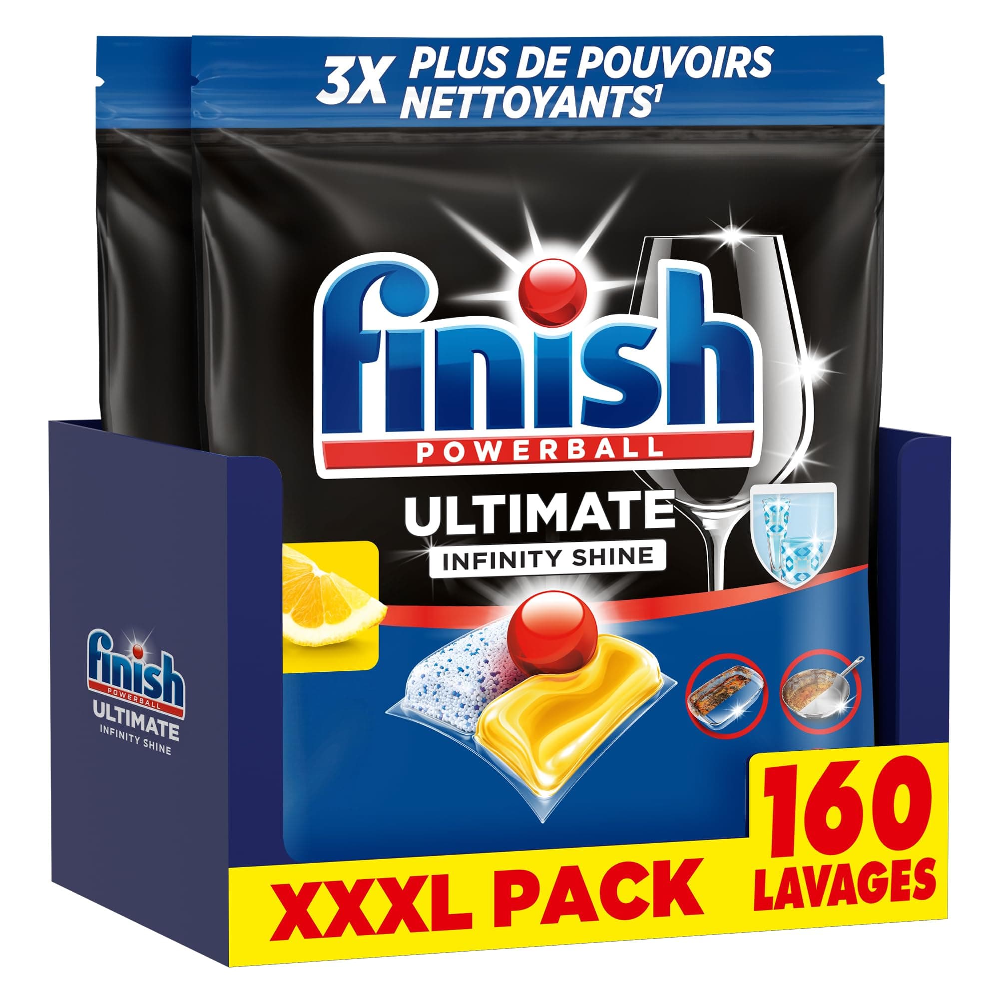 Finish Ultimate Infinity Shine Pastilles Lave-Vaisselle Citron, Imbattable contre les taches tenaces, 160 capsules