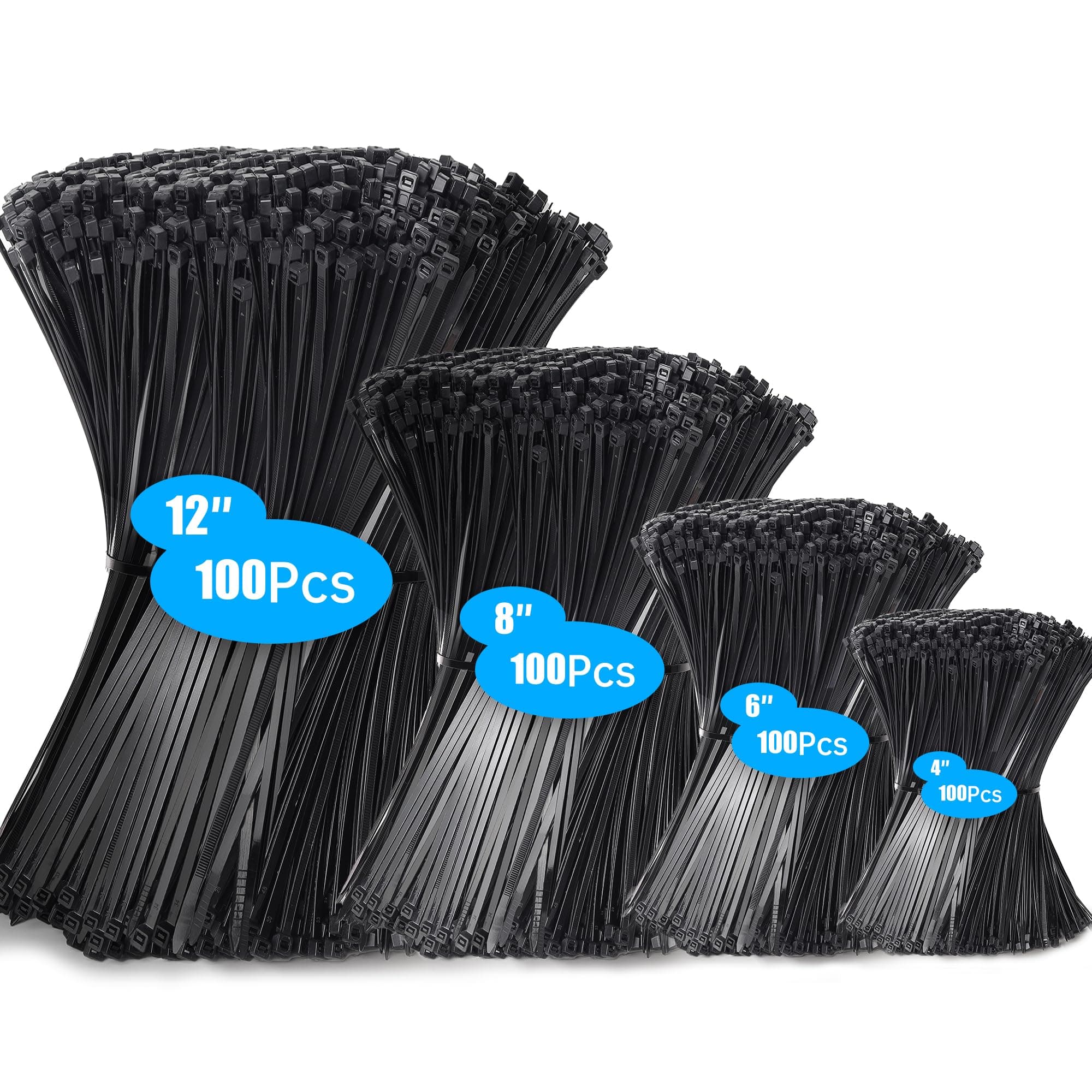 Hosuni 400 pièces Collier de Serrage, 100/150/200/300mm Serflex Noir Resistant à La Traction De 18kg, Professionnelles Attache Câble Durable Résistant au UV Pour cable management, Jardinage, Atelier