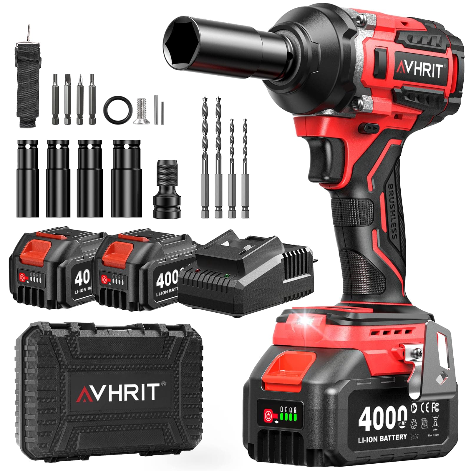 Avhrit Clé à Chocs Sans Fil Brushless avec 2x 4.0 Ah Batteries, 700N.m/Ft-lbs Boulonneuse à Choc Electrique, 21V Visseuse à Chocs avec 4 Douilles à Chocs, Compatible avec Makita 18V