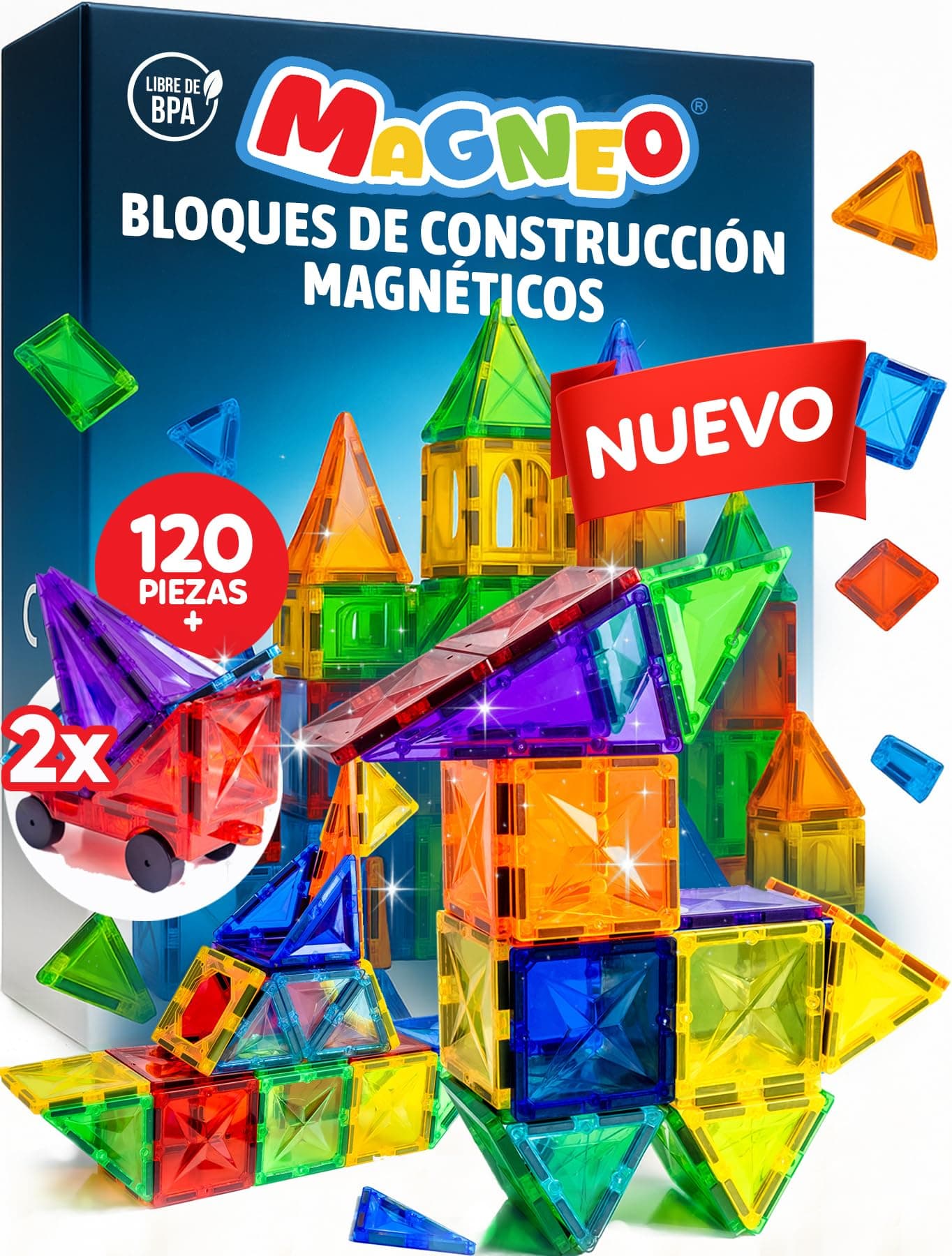 Magneo® Bloques Magnéticos Construcción Niños 120 Piezas (2 Coches) – Piezas Magnéticas Niños 3+ Juego de Imanes Creativo – Magnetic Tiles Educativos – Juego de Construcción