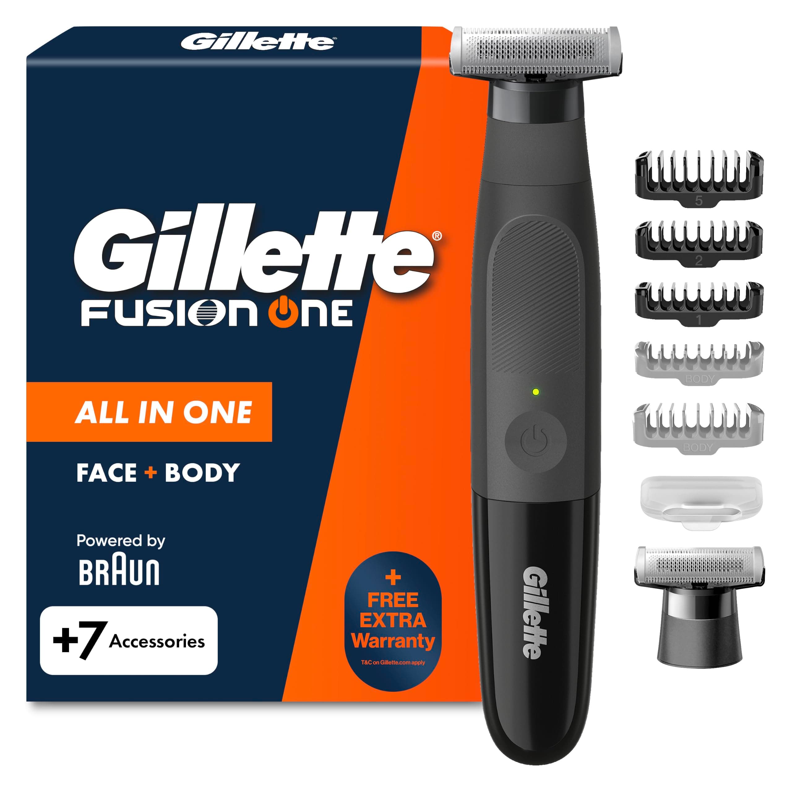 Gillette Fusion One Rasoio Elettrico Uomo Barba e Corpo, 3 Pettini Barba (1,2,5mm) e 1 Pettine Corpo, Testina Oscillante, Lama Ricambio, Impermeabile, Senza Fili, 45 Min Autonomia, Tecnologia Braun