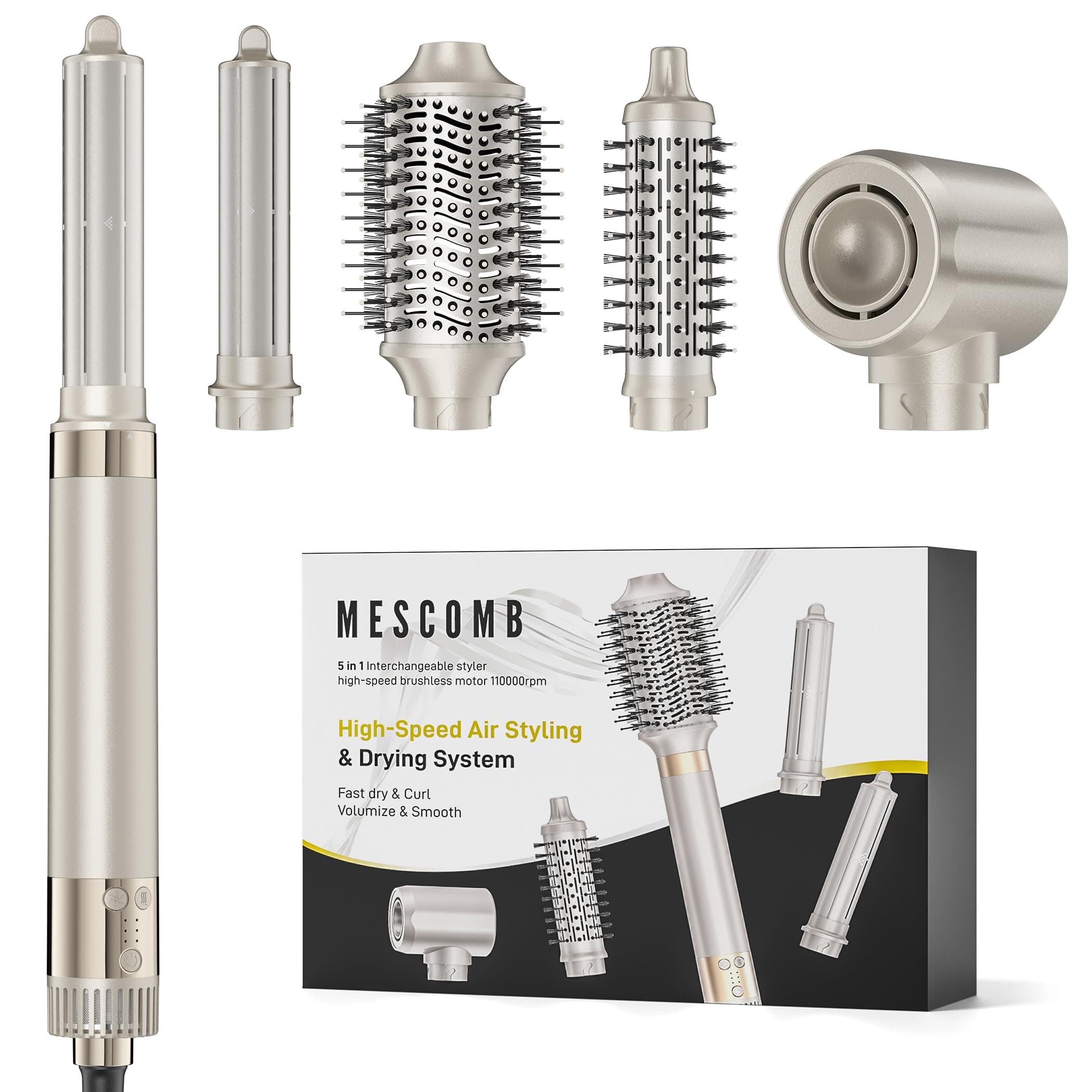 MESCOMB Air Styler 5 in 1, Arricciacapelli Automatico e Asciugacapelli Ionico 1300W, 110.000 RPM, Styler Capelli ad Aria con Spazzola Lisciante e Spazzola Volumizzante, Anti-Crespo