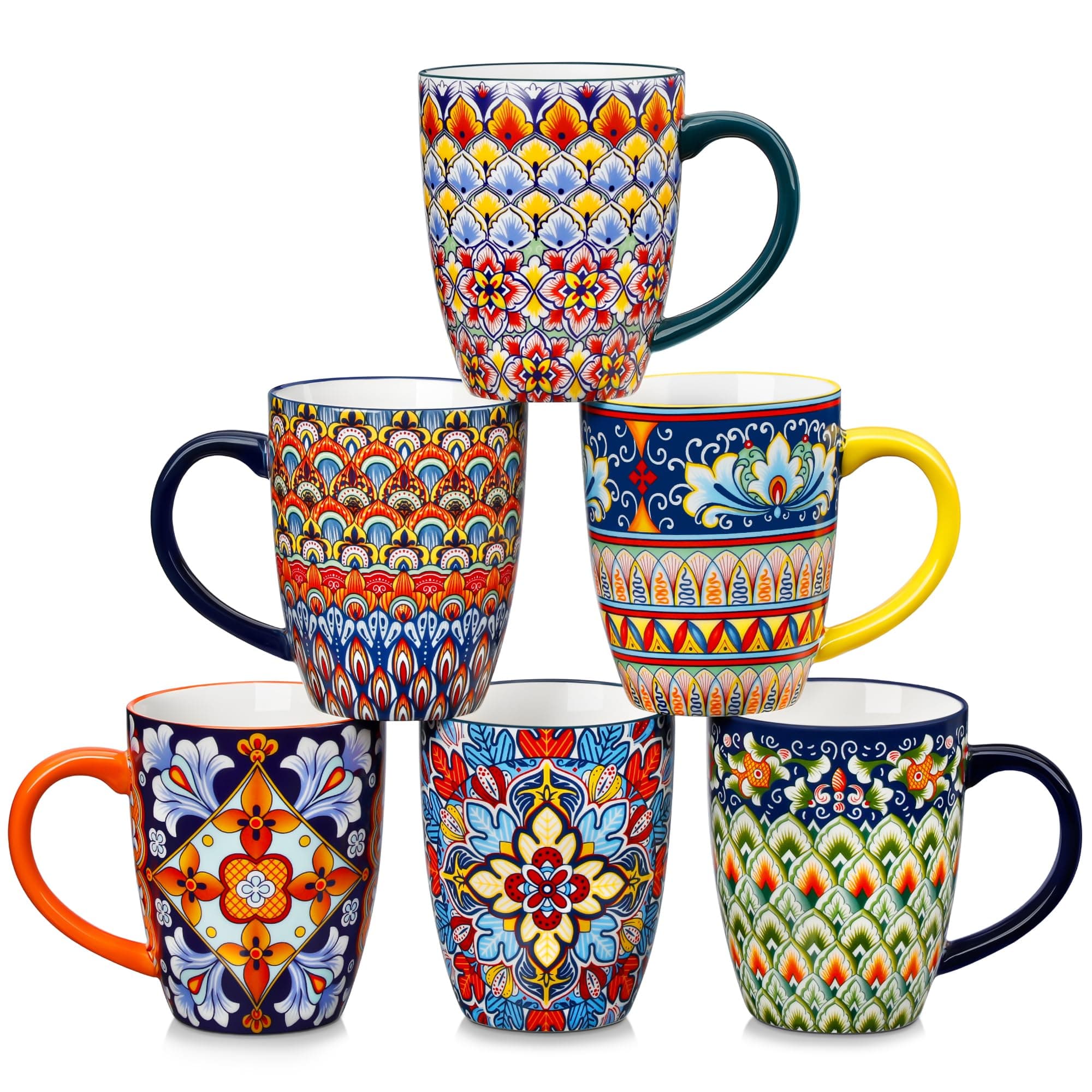 vancasso Set de 6 Tazas Grandes de Porcelana (480ml) – Tazas de Café y Desayuno con Asa para Leche, Té, Avena, Yogur – Resistente a Lavavajillas y Microondas – Diseño Bohemio Elegante