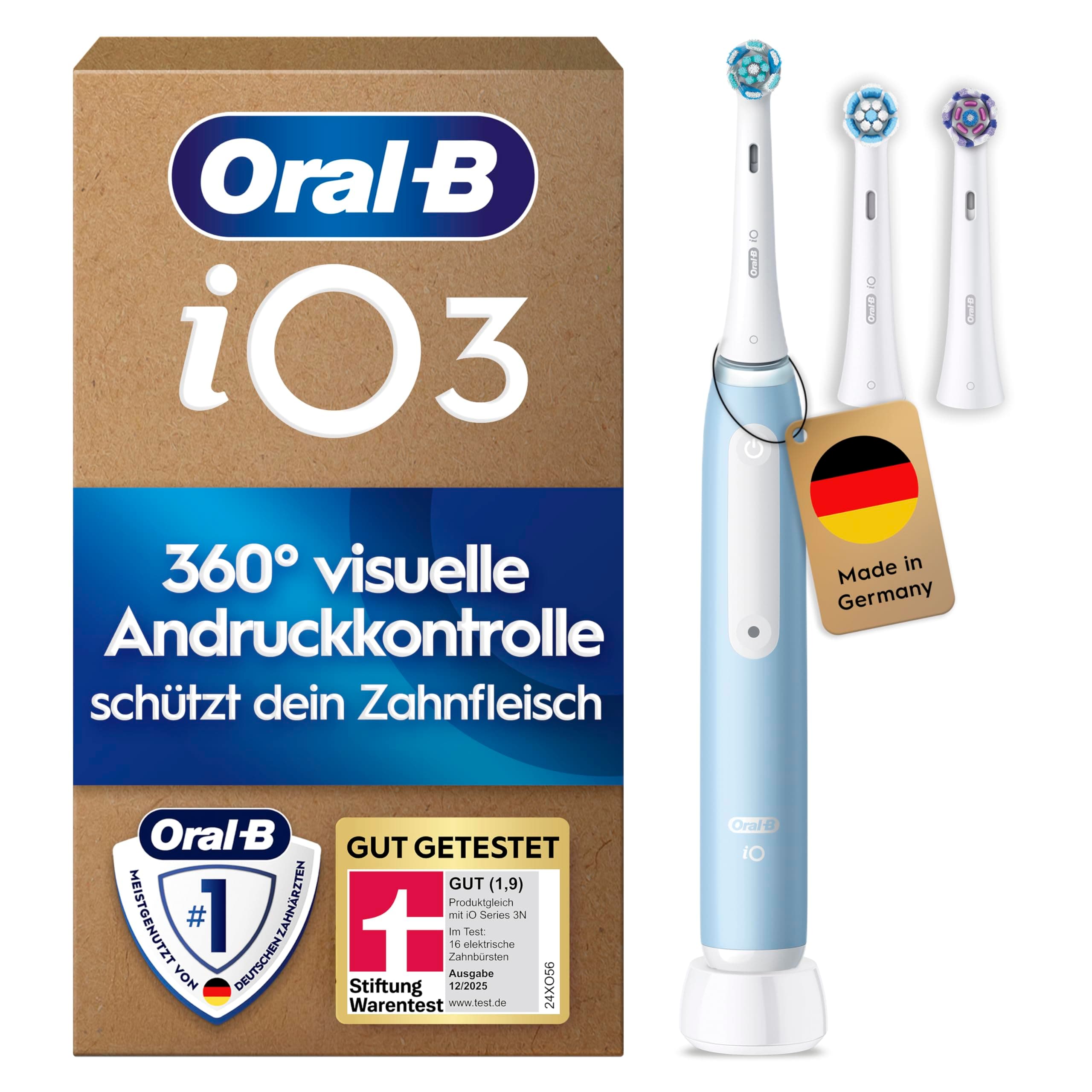 Oral-B iO Series 3 Plus Edition Elektrische Zahnbürste — Electric Toothbrush, Inkl. 3 Aufsteckbürsten, 3 Putzmodi für Zahnpflege — Designed by Braun, GUT GETESTET von STIFTUNG WARENTEST, Hellblau