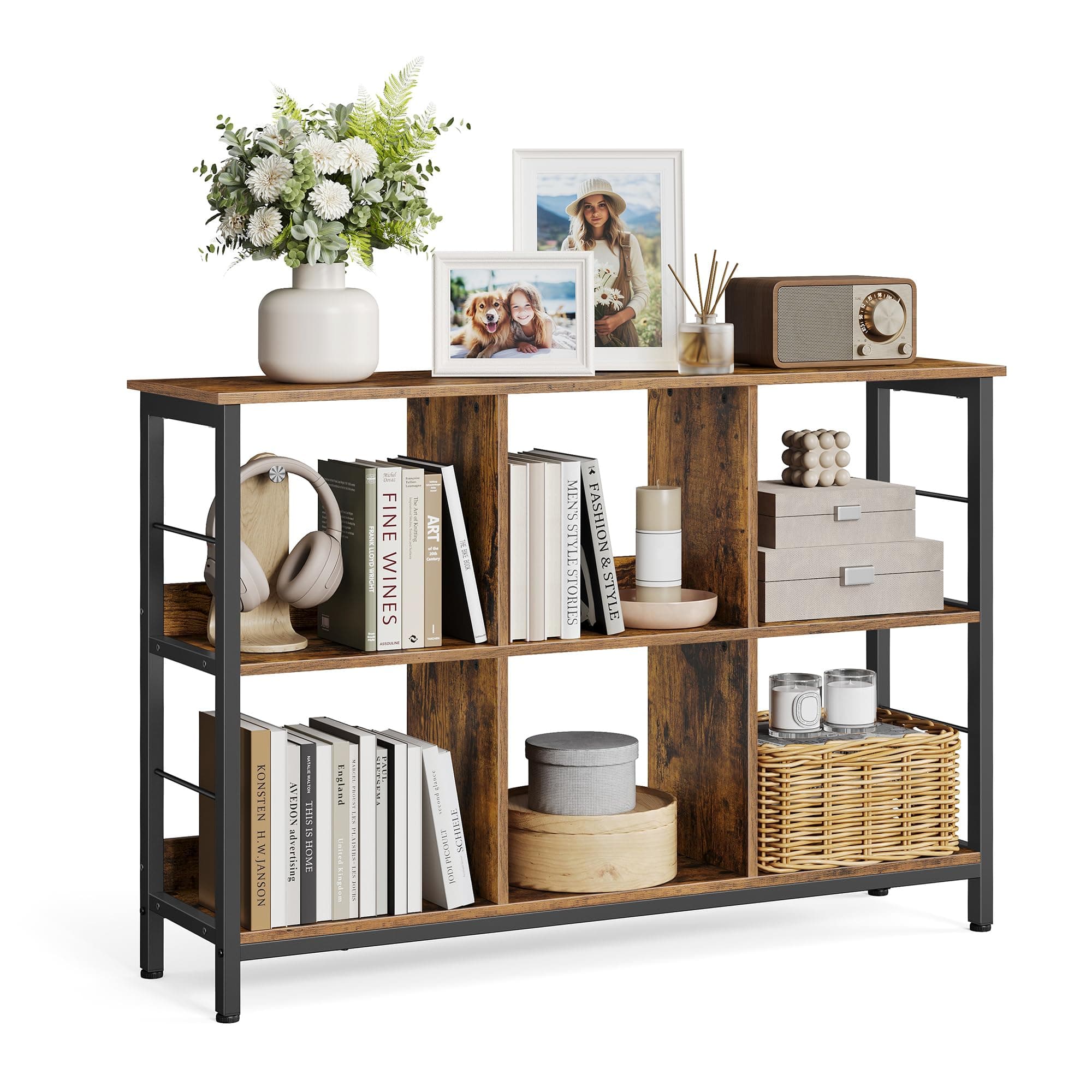 VASAGLE Regal mit 2 Ebenen, Bücherregal, Standregal mit 6 Fächern, für Wohnzimmer, Schlafzimmer, Arbeitszimmer, Küche, 33 x 120 x 80 cm, vintagebraun-schwarz LLS104B01