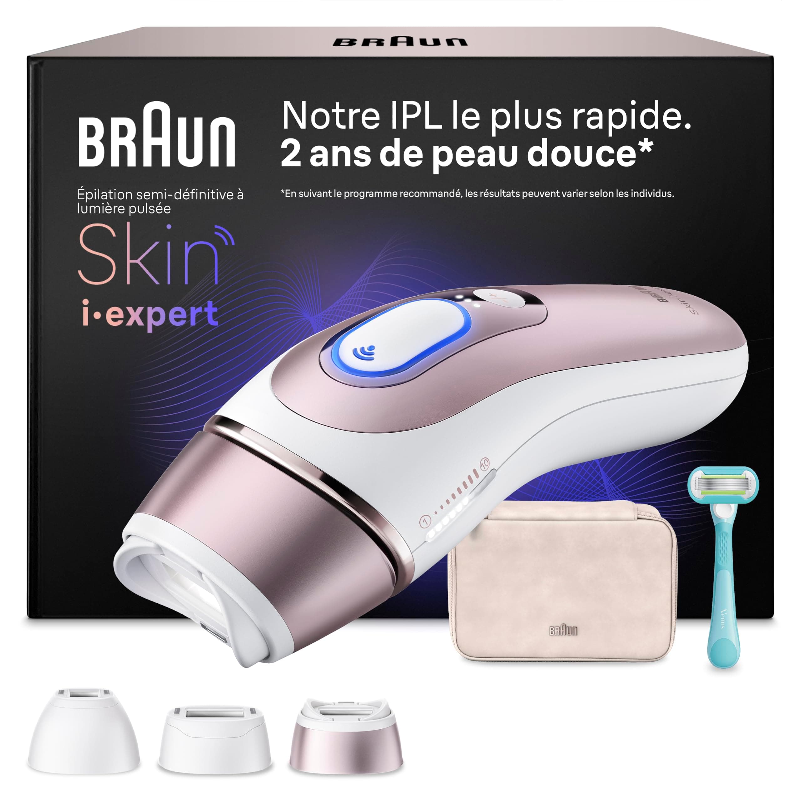 Braun Epilateur Lumiere Pulsee Intelligent Skin i·expert PL7311, Blanc et Bronze – Alternative au Laser à Domicile, Filaire, avec Pochette, Rasoir Gillette Venus, 3 Têtes, Connecté à L’Application