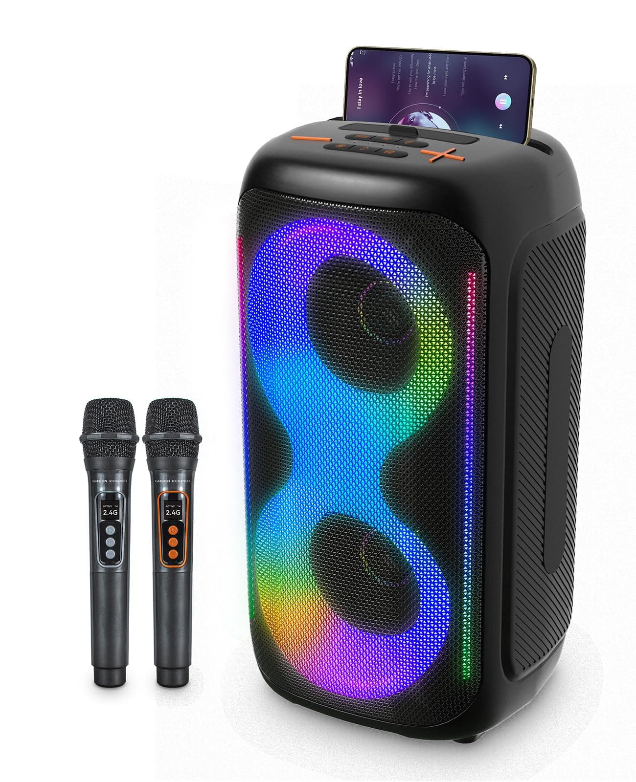 GKD40 Machine Karaoké Portable Bluetooth avec Système PA, 2 Microphones Sans Fil Rechargeables et Enceinte LED. Enceinte Woofer 4 Pouces, Idéale pour Adultes, Fêtes en Extérieur ou Chant à la Maison