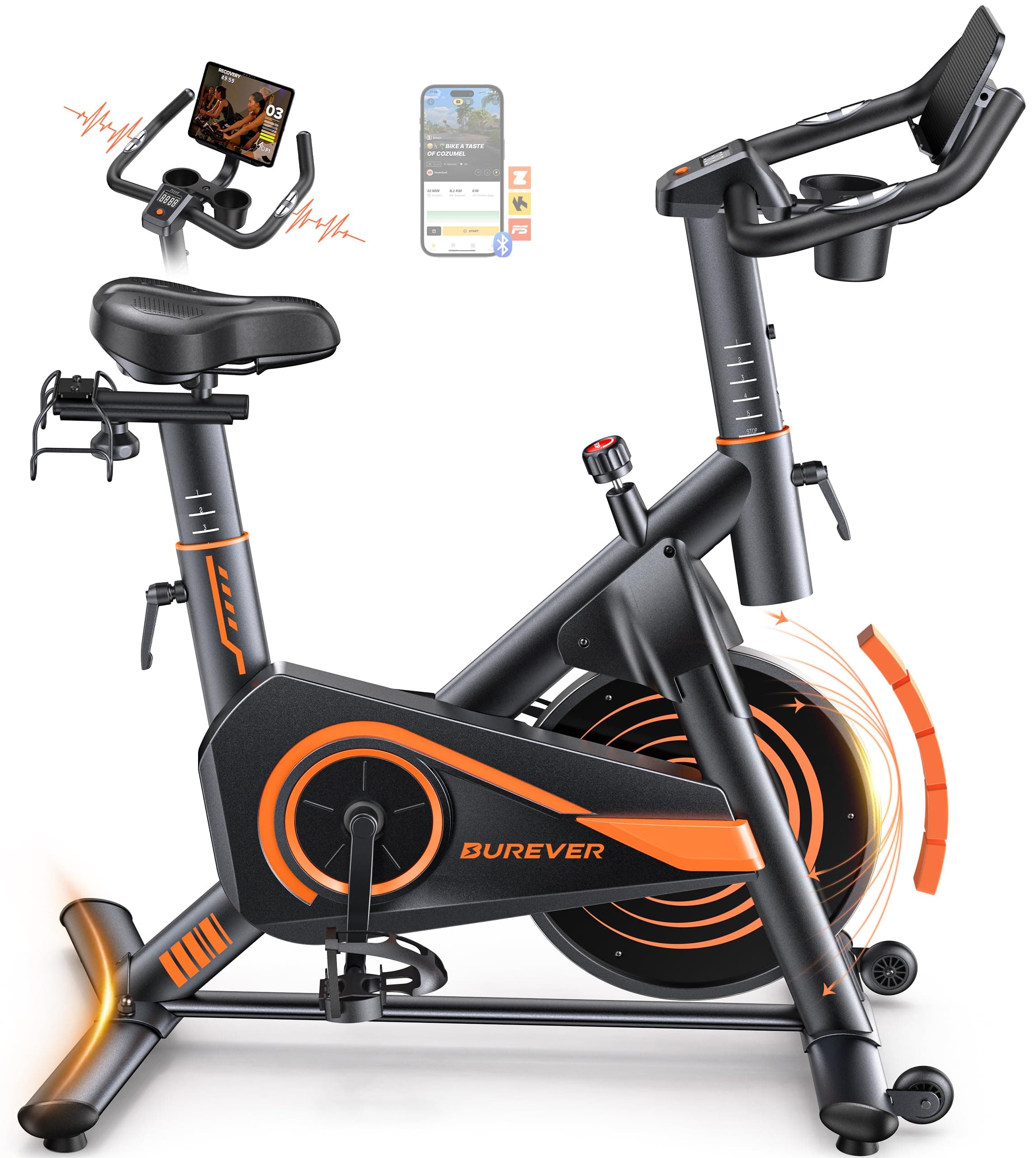 Burever Bicicleta Estática para Casa con APP, Bicicleta estatica Silenciosa con Resistencia Magnética 0-100%, Pantalla LCD, Soporte para Mancuernas y Portavasos, Volante 15 KG, MAX 160KG verde