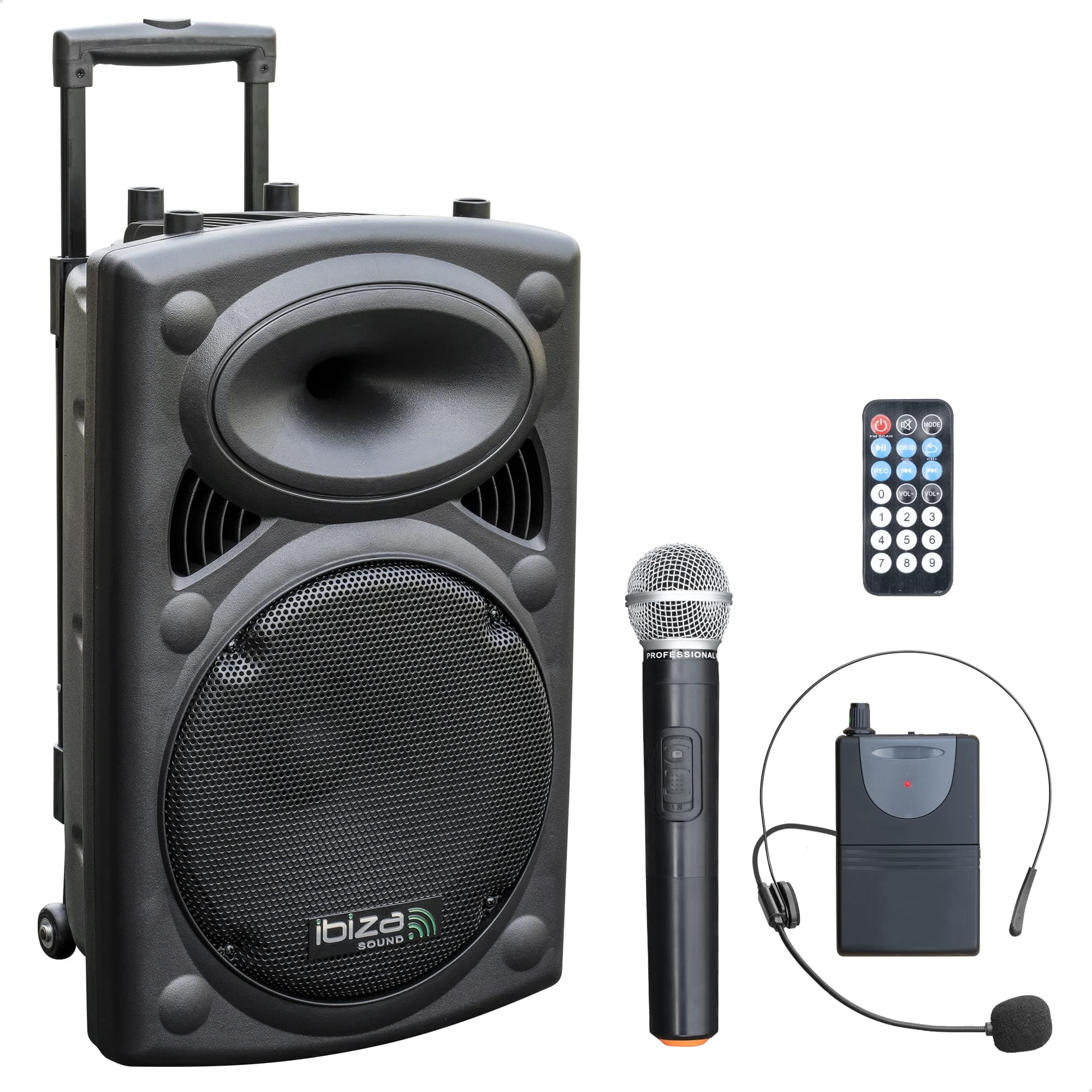 Ibiza PORT12VHF-BT Altoparlante PA Bluetooth a Batteria 12"/30 cm – 700 W Max / 350 W RMS – Karaoke con 2 Microfoni VHF (a Mano + Archetto) – TWS – USB, SD, REC, VOX – Trolley