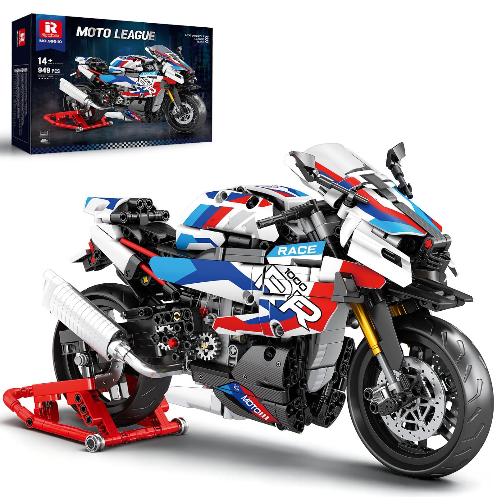 Reobrix Motocicleta 1000 RR Technic, 99040 Set de construcción para Adultos, Escala 1:8, Kit de Modelo Coleccionable de 949 Piezas con Soporte, niños y niñas Mayores de 14 años