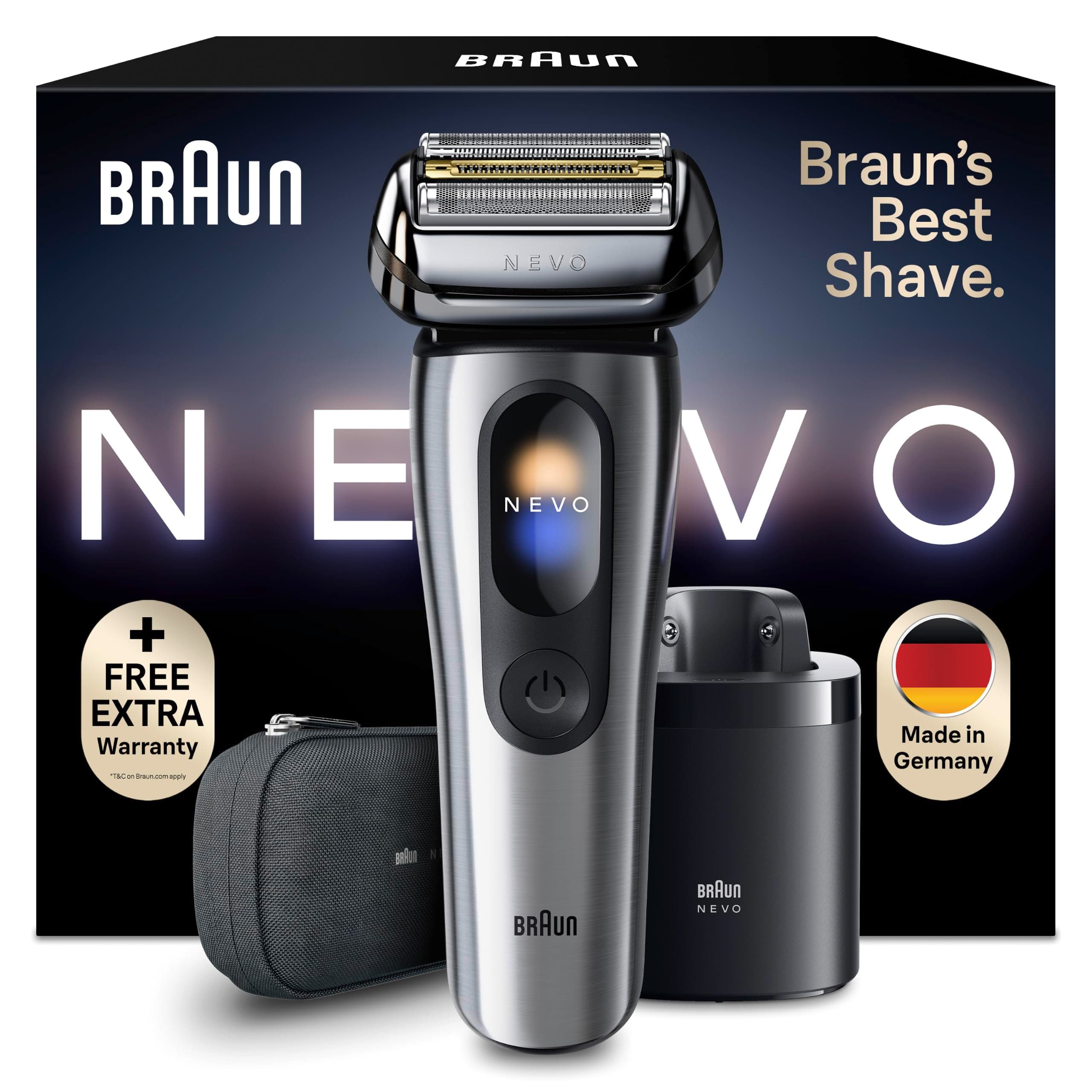 Braun Rasoir Electrique Homme NEVO11005C, Système 7-en-1, Argent | Technologie de Rasage de Barbe AeroTouch, Lames Aiguisées, à Grille, Manche en Acier Inoxydable, Etanche, Rechargeable, Etui