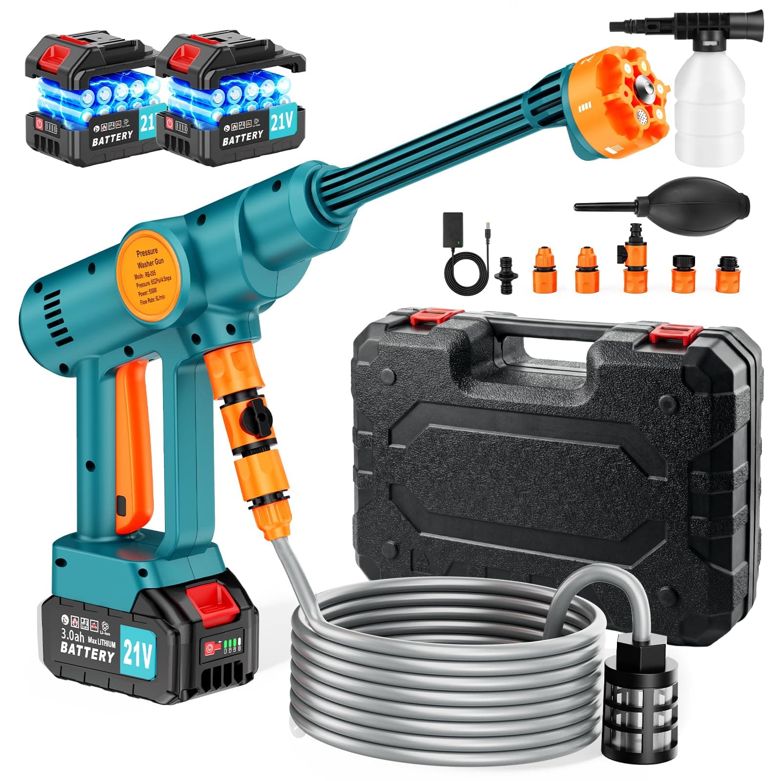 Idropulitrice a Batteria Senza Fili,Idropulitrice Portatile Potente con 2x3.0Ah Batterie,Ugello 6 in 1,1100PSI,Tubo da 5M,per Auto, Giardino,Terrazza,Prato e Irrigazione