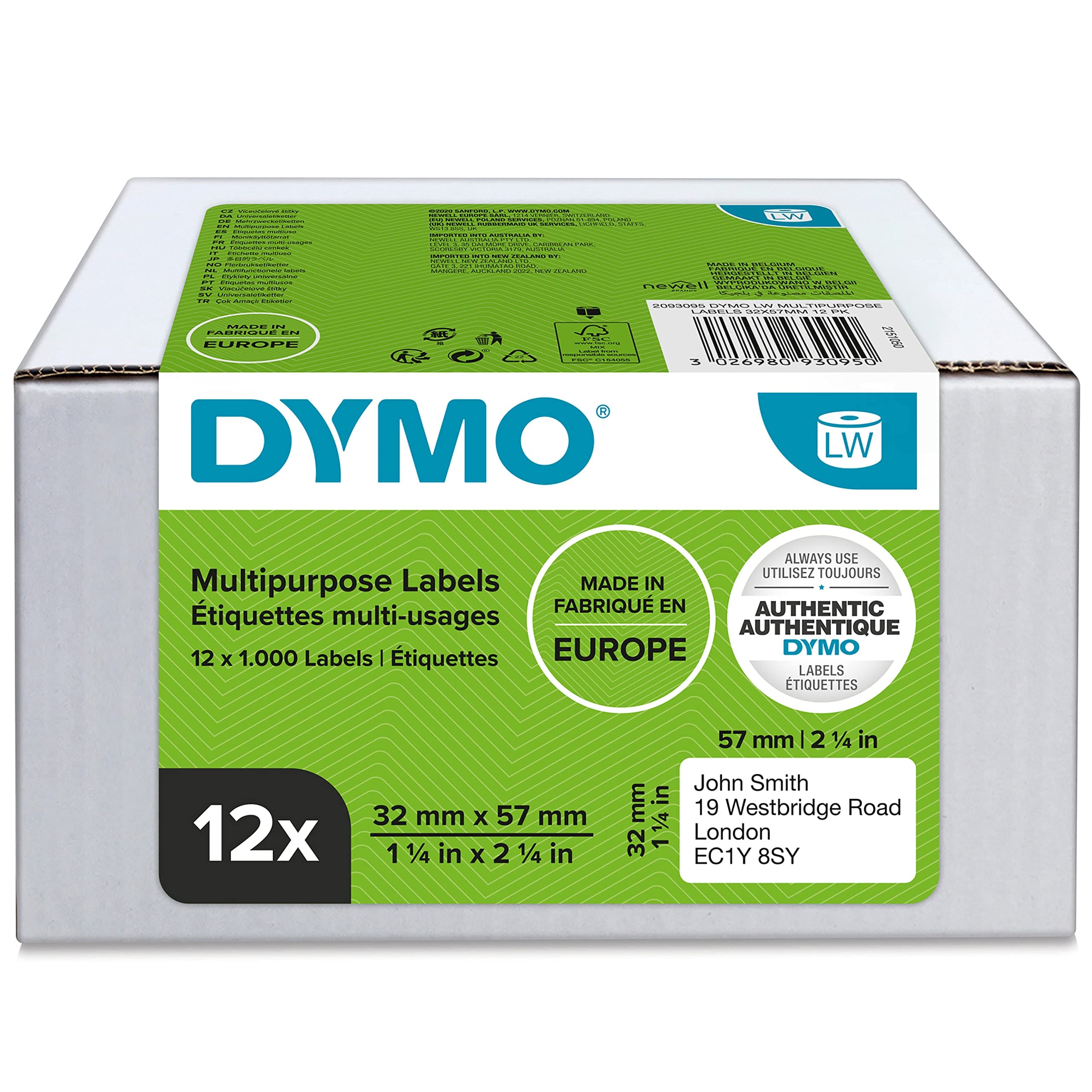 DYMO Authentic LW étiquettes autocollantes polyvalentes, 32 mm x 57 mm, 12 rouleaux de 1 000 étiquettes faciles à décoller (12 000 étiquettes), pour les étiqueteuses LabelWriter