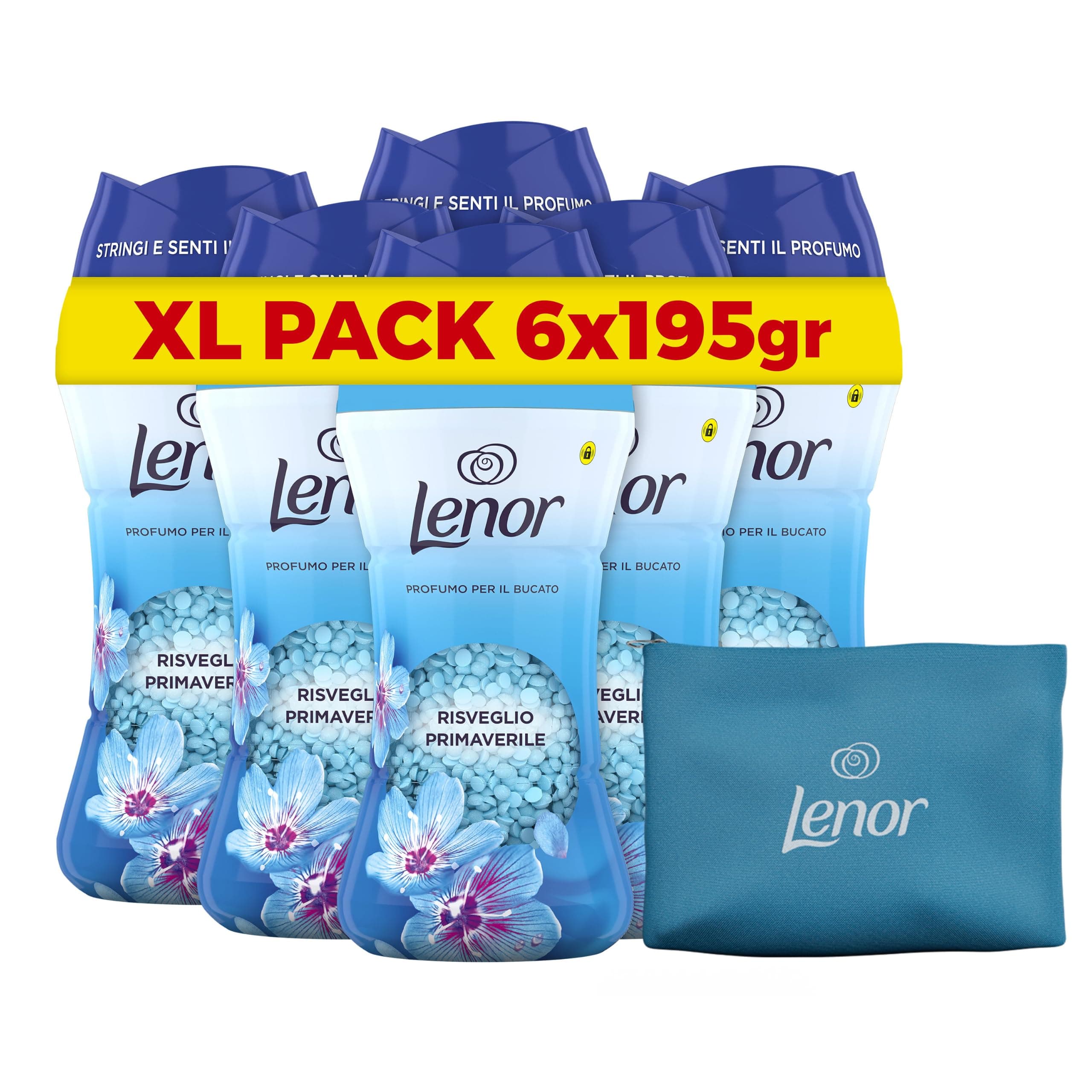 Lenor Profumatore Bucato Lavatrice, Risveglio Primaverile, 6x195gr +Omaggio | Intensificatore di profumo per bucato, maxi formato, pochette in regalo
