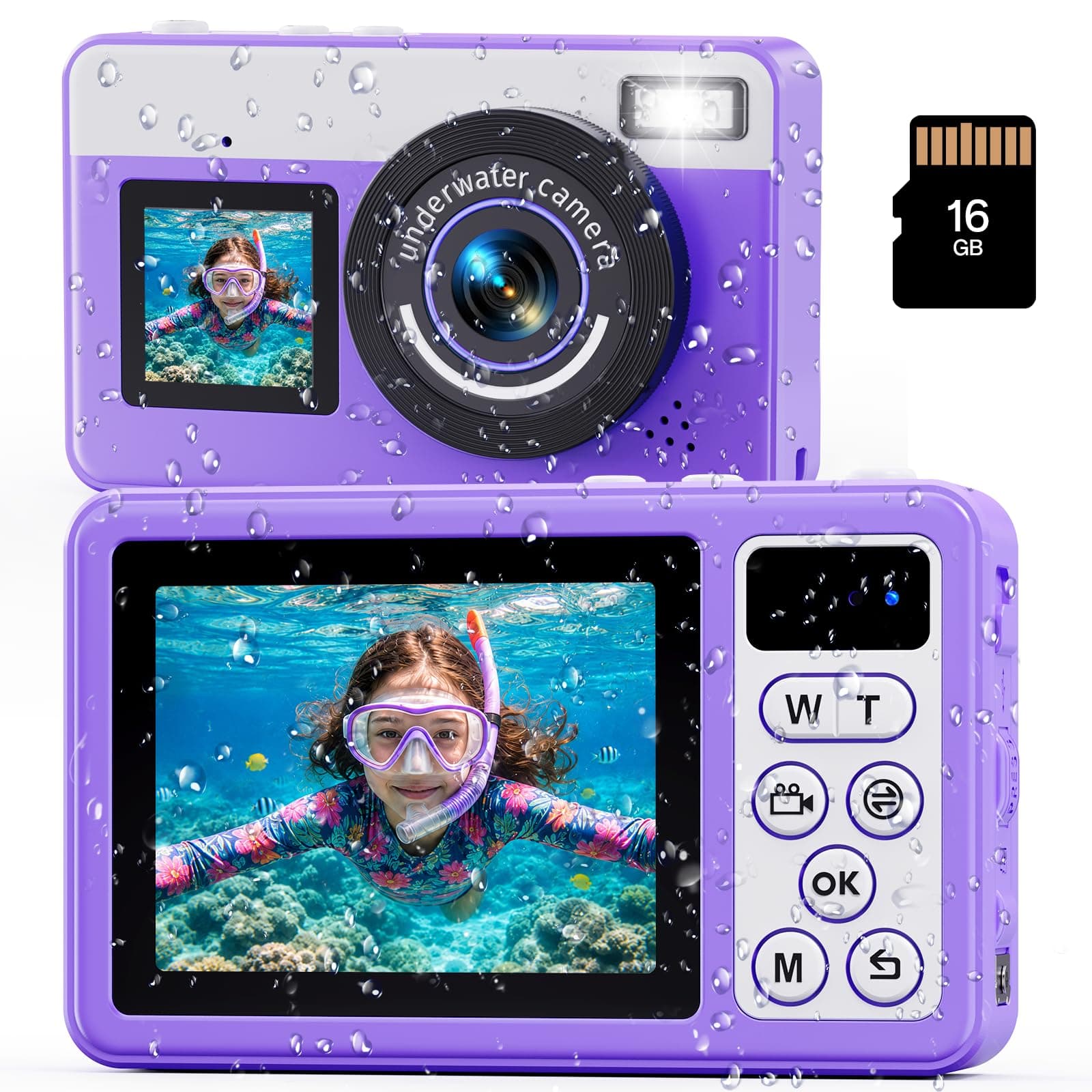Maxmango D70 Fotocamera Subacquea 4K 48MP, Macchina Fotocamera Impermeabile 10FT per Piscina Spiaggia, Doppio Schermo Autofocus Zoom 18X, Macchina Fotografica Regalo per Ragazzi e Adulti, 16GB, Viola