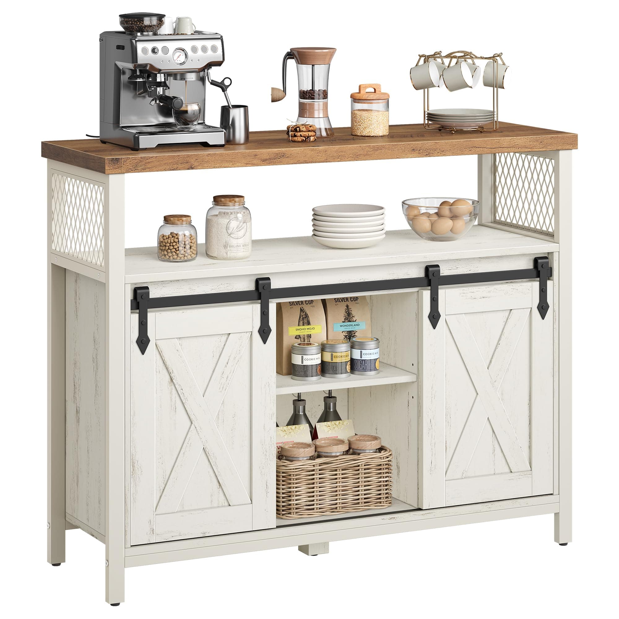VASAGLE Buffet Cuisine, Meuble de Rangement, avec 2 Portes Coulissantes | Bahut, pour Salon, 33 x 100 x 80 cm, Étagères Réglables, Blanc rustique et Blanc crème, Daxton Collection LSC092W01
