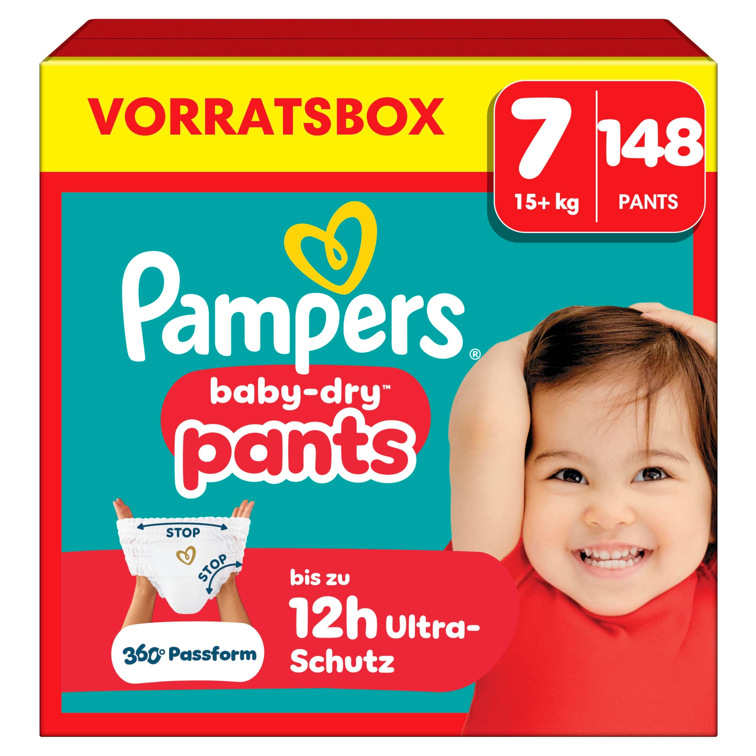 Pampers Baby-Dry Pants Größe 7, 148 Windeln, 15kg+ | 360° auslaufsichere Passform für Tag und Nacht