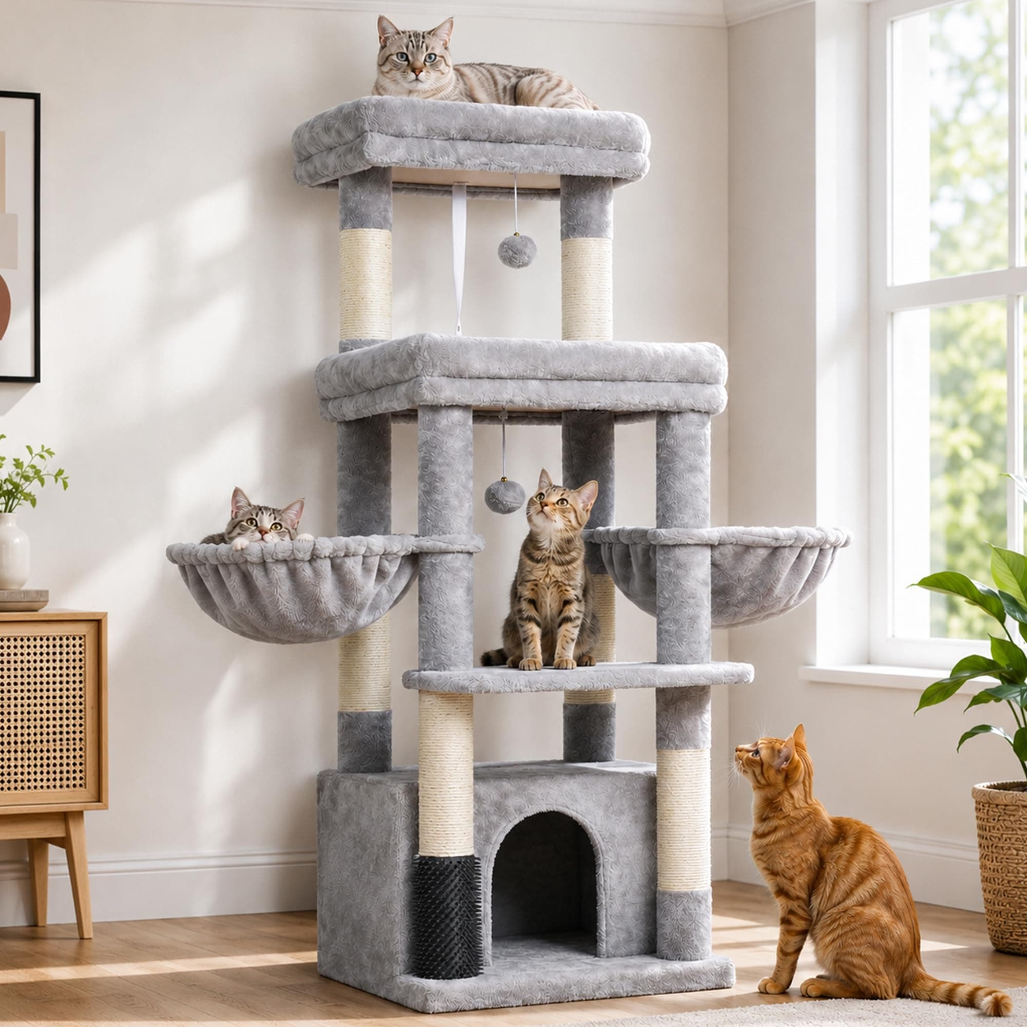 Hey-brother Arbre à Chat, Tour de Jeux pour Chats spécifique pour Les Chats Grands et Les Maine Coon, avec 2 Grandes Plateformes, 2 hamacs, Un Grand Niche Un Peigne à toilettage, Gris Clair MPJ070W
