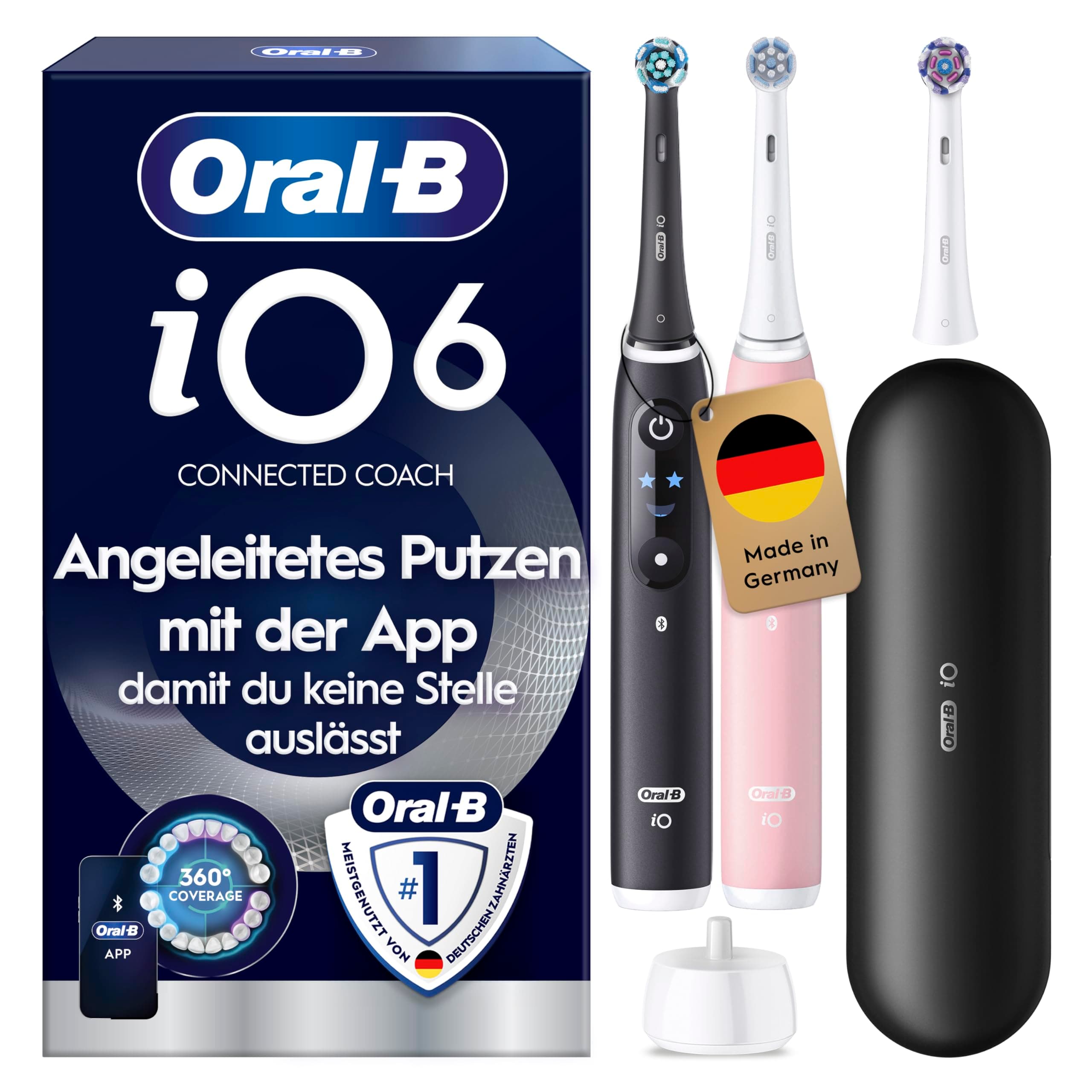 Oral-B iO Series 6 Elektrische Zahnbürste, Doppelpack, Schwarz/Rosa | Inkl. 3 Aufsteckbürsten, Reise-Etui, Electric Toothbrush mit 5 Putzmodi für Zahnpflege