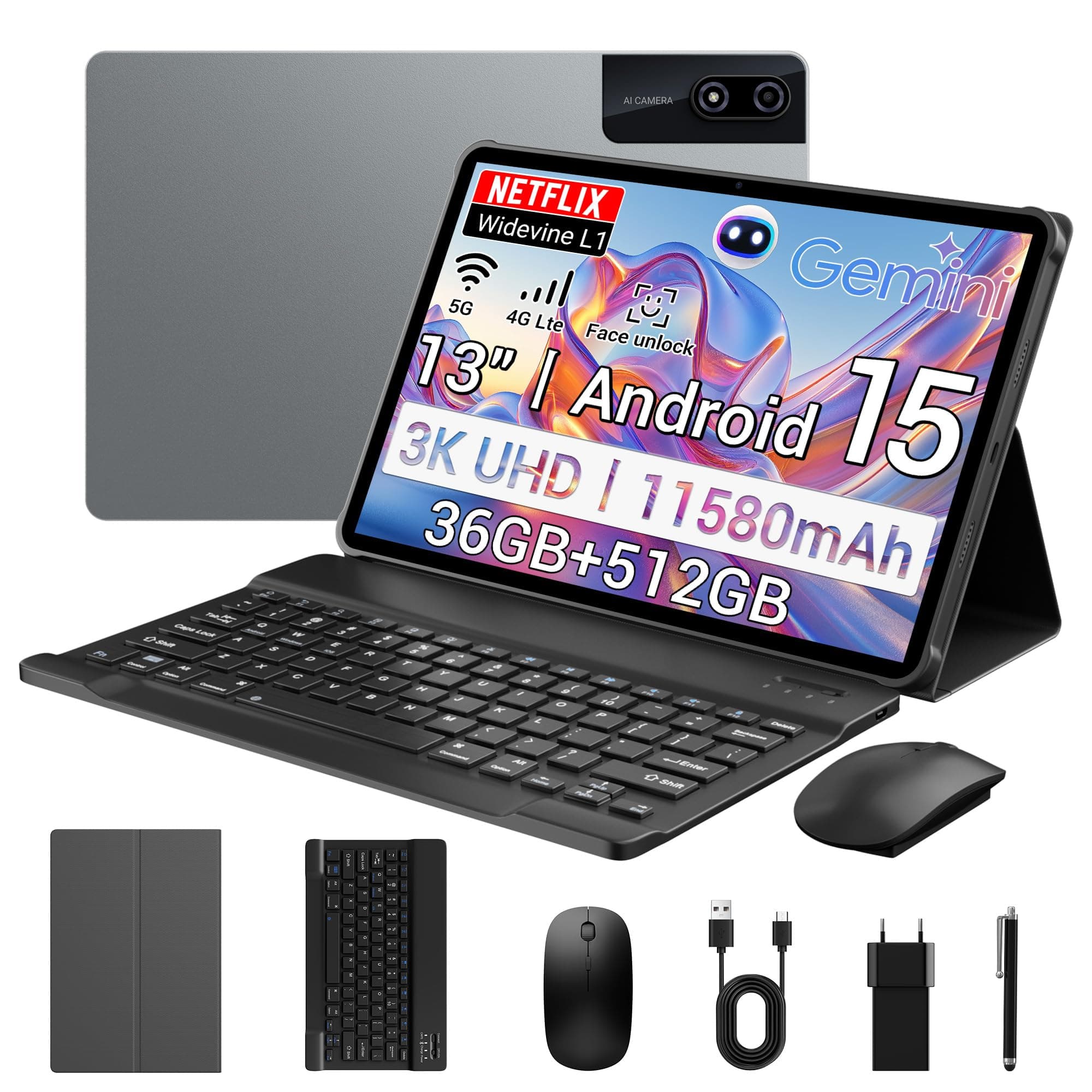 PIXGOOD 3K Tableta 13 Pulgadas con Android 15, 36GB RAM, 512GB ROM (Extensión 2TB), 4G Lte丨5G WiFi, 2940 * 1840UHD, 11580mAh, G99 Octa-Core, 13MP+8MP, Tablet con Teclado丨GPS丨Bluet丨4 Speakers (Gris)