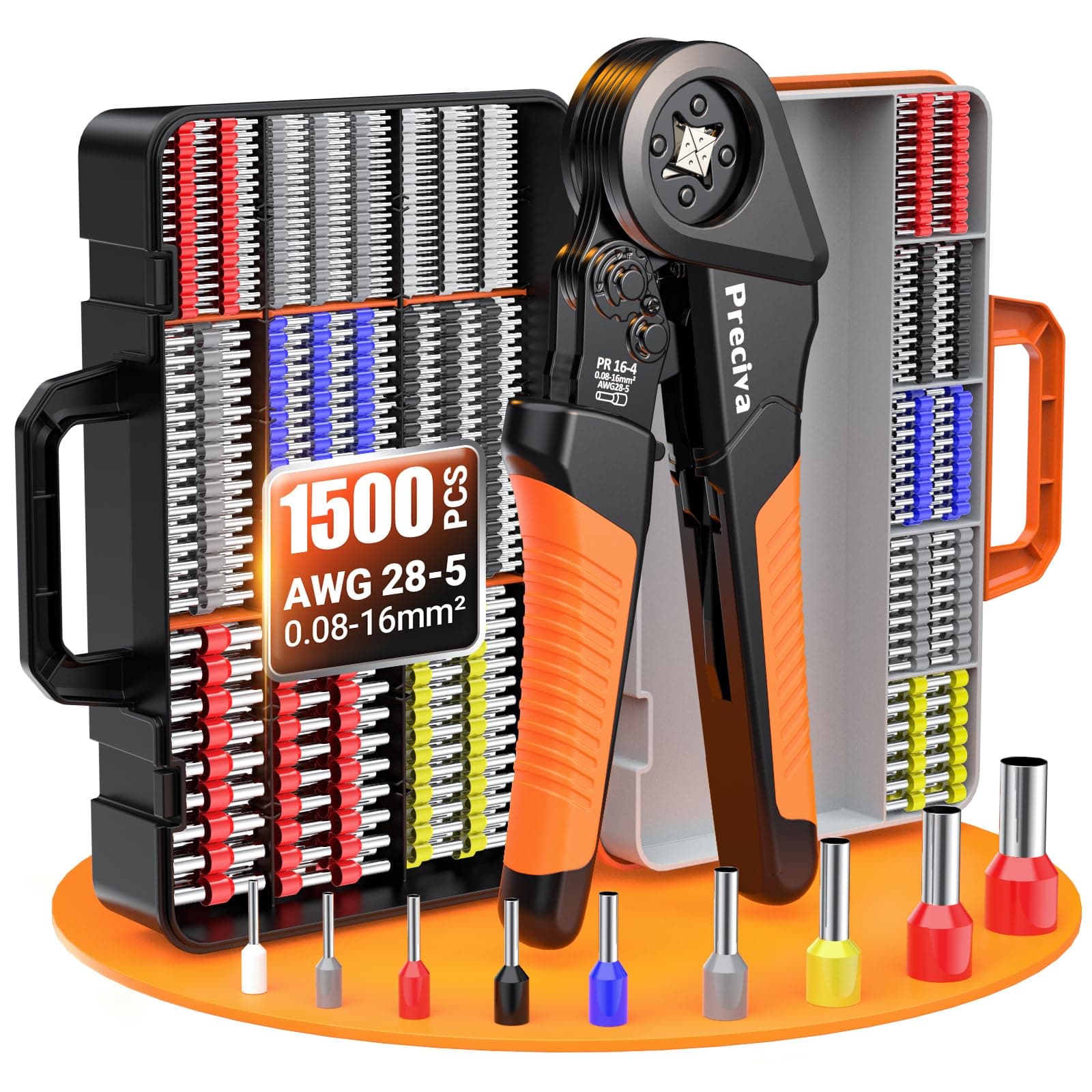 Preciva Crimpadora con 1500 Conectores,Crimpadora Terminales 0.08-16mm² | Ajustables,Terminales EléCtricos,alicates de punteras,terminales eléctricos,punteras cables electricos,Terminal EléCtrico