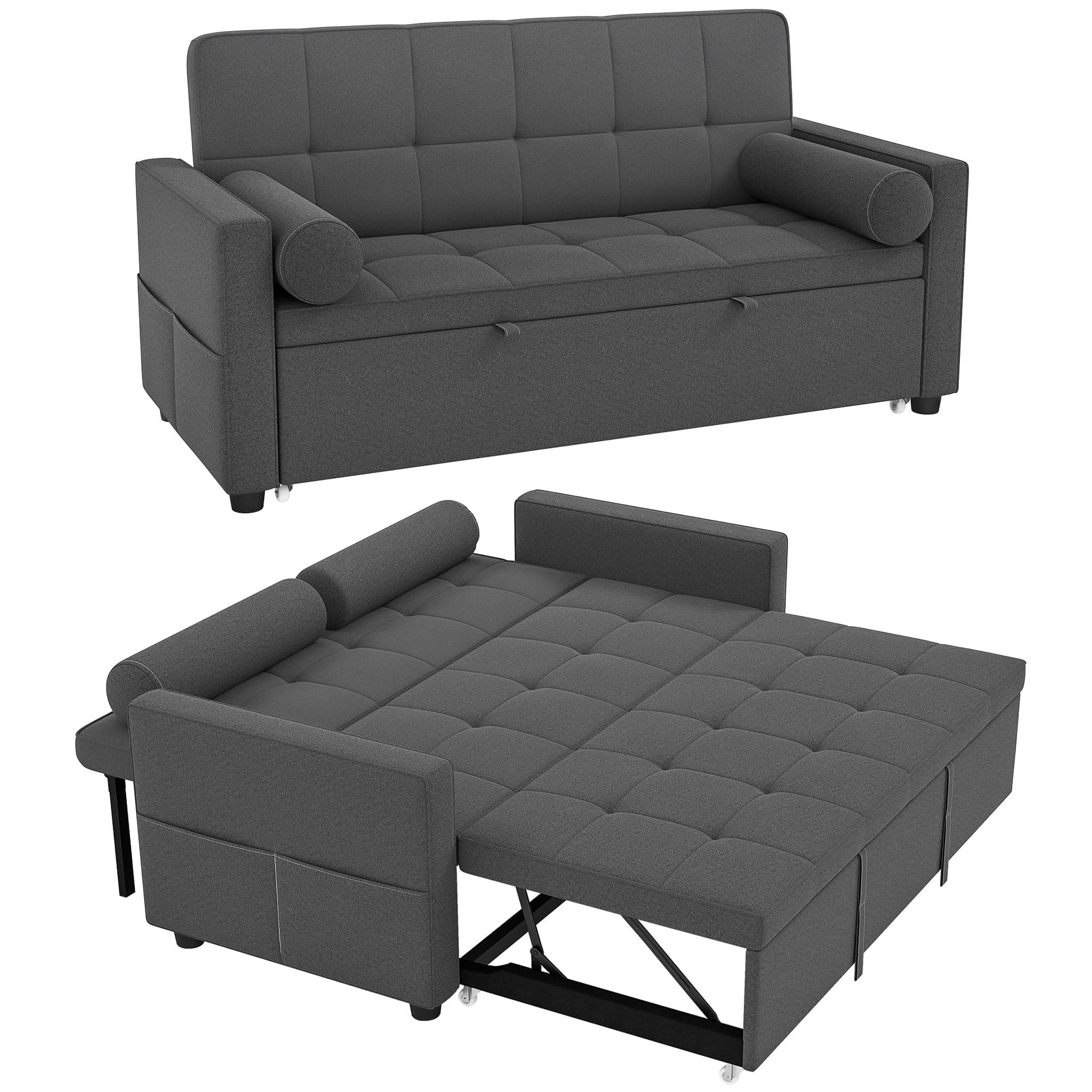 HOMCOM Canapé Convertible 2 Places 3 en 1 Canapé-Lit Capitonné Gris Foncé | Lit Gigogne Double, Dossier Réglable, 2 Coussins, Poches d'Accoudoirs, Tissu Aspect Lin, pour Chambre