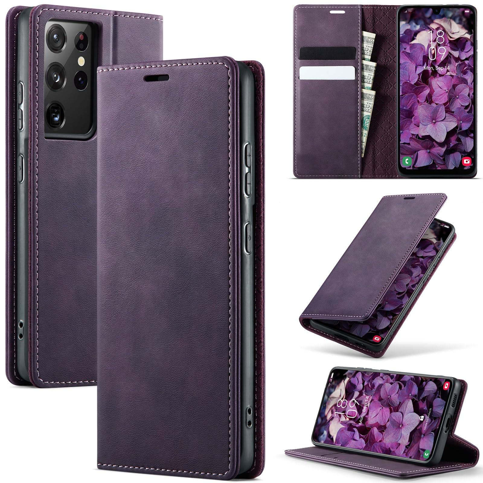 Azororo Coque pour Samsung Galaxy S21 Ultra 5G Premium Housse Cuir Protection Pochette Rabat Portefeuille Flip Case Porte Magnétique Coque Étui pour Samsung Galaxy S21 Ultra, Violet