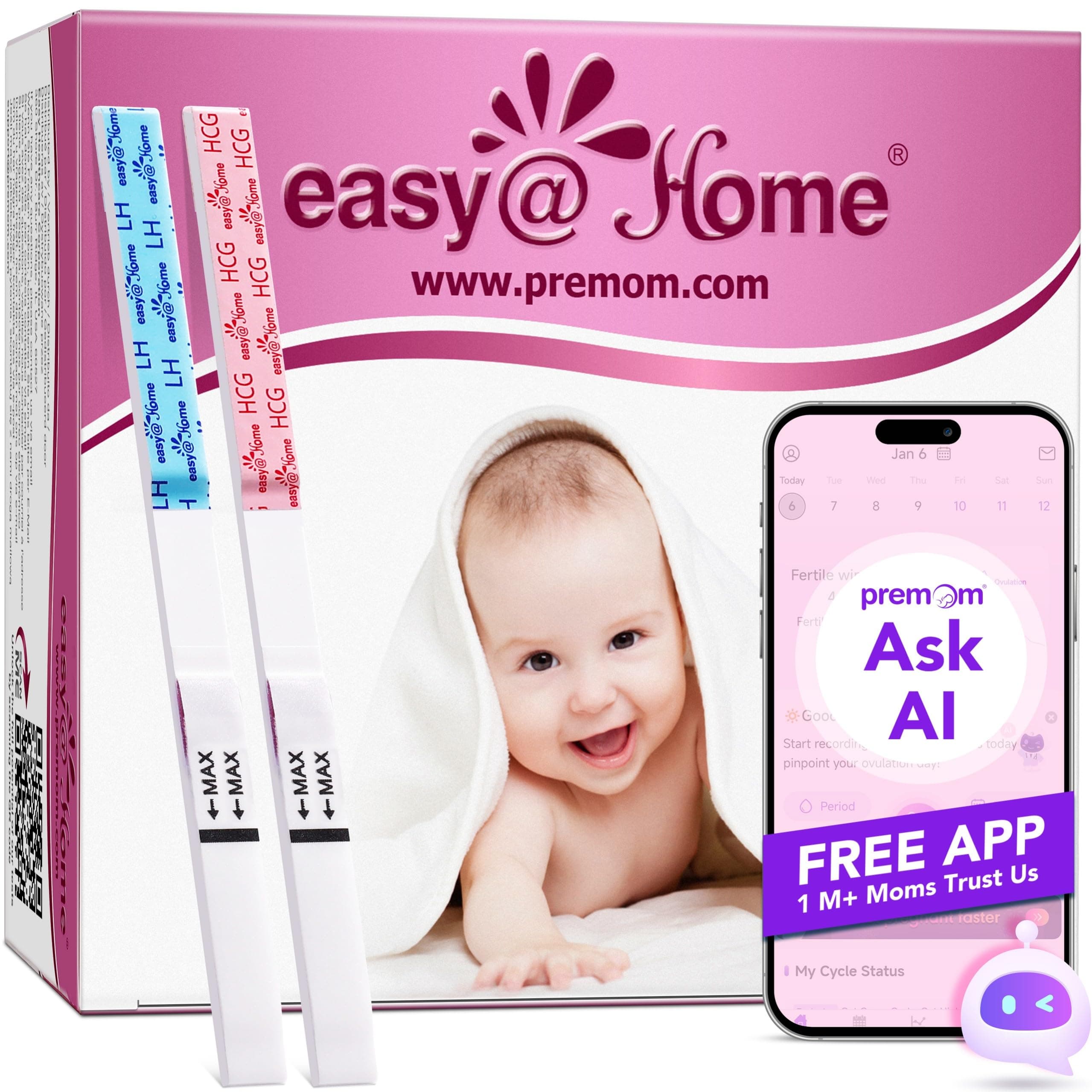 Easy@Home 50 Test Ovulazione e 20 Test Gravidanza, Aumenta le tue Probabilità di Rimanere Incinta, Altamente Preciso, Combinato con APP Premom Monitor Donna Fertilità