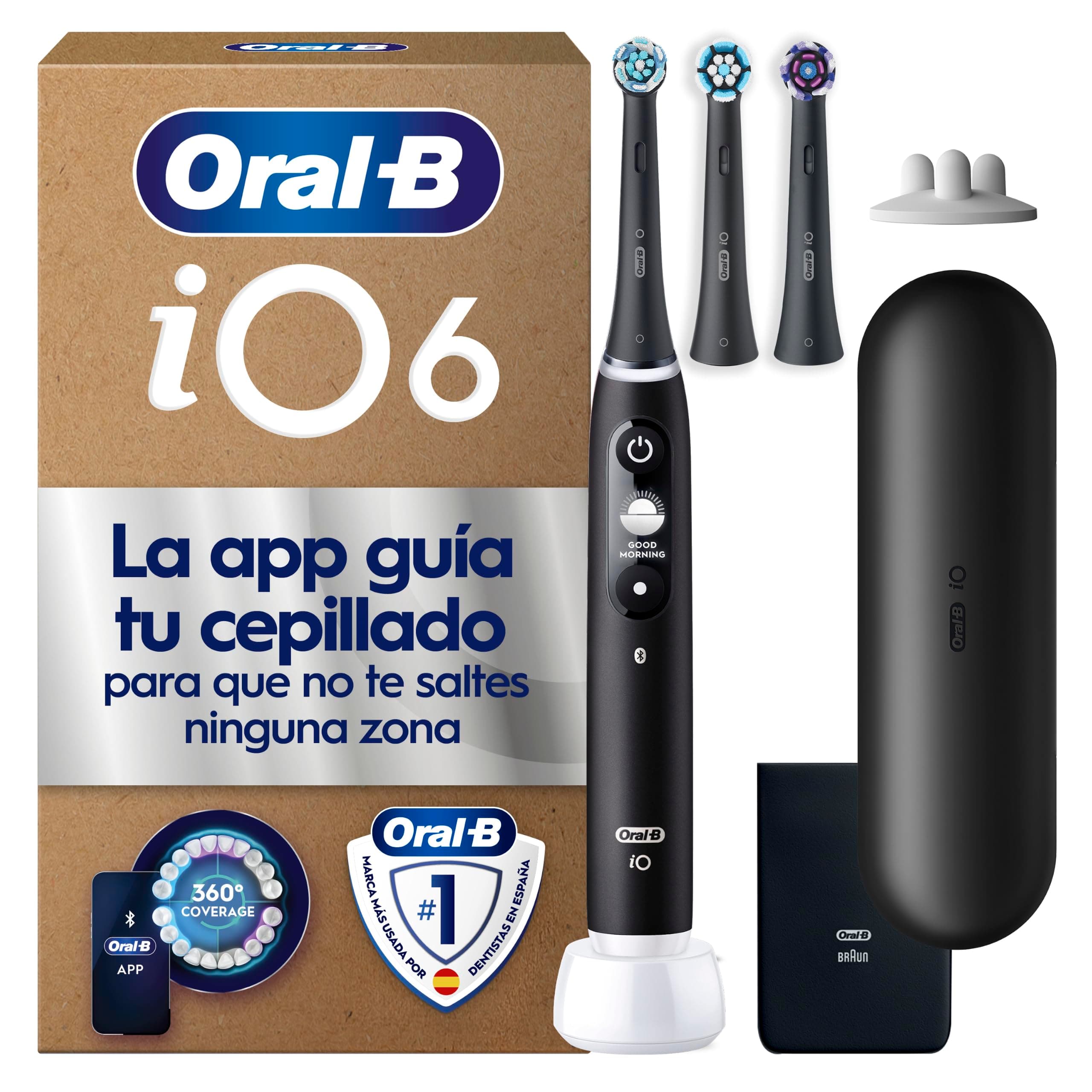 Oral-B iO 6 Cepillo de Dientes Eléctrico, con 3 Cabezales, Negro - Cepillo Dental con Sensor de Presión, 5 Modos de Cepillado con Blanqueamiento Dental, 1 Estuche de Viaje, Batería de Larga Duración