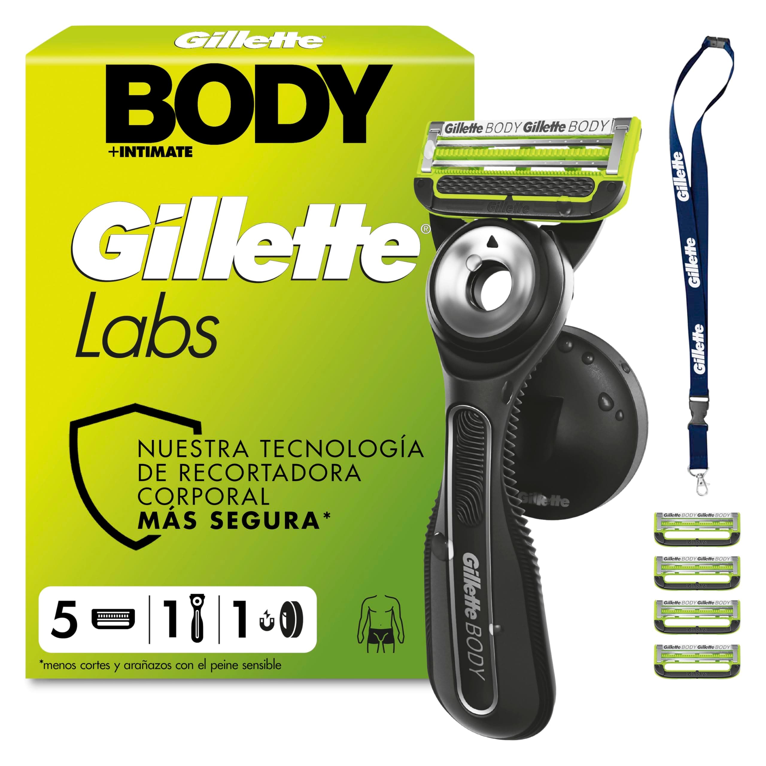 GilletteLabs Body + Intimate Maquinilla Corporal Hombre con 5 Recambios - Mango de Goma, Cuchillas con Barra Anti-vellos Encarnados Y Soporte Magnético, Depilación Íntima Y Afeitado Corporal Masculino