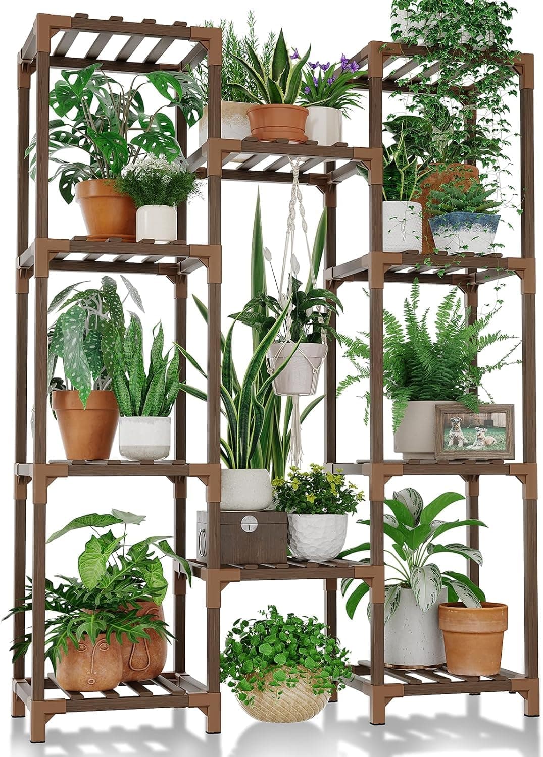 Bamworld Soporte para Plantas Estantería para Plantas de Exterior e Interior Estante para Colgar Varias Plantas, Jardinera Alta de Madera para Salón, Patio, Balcón, Jardín, Marrón