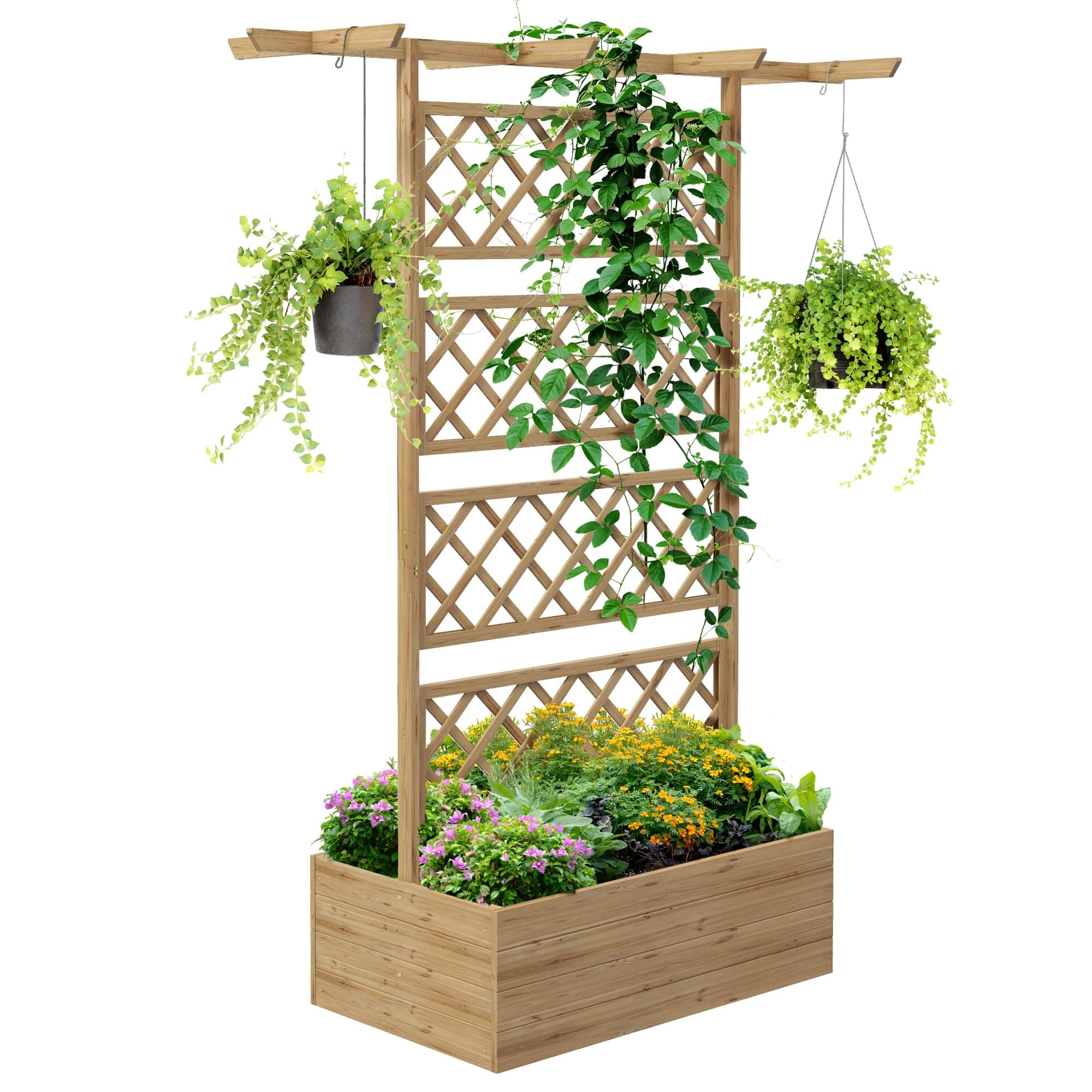 Outsunny Jardinière Surélevée avec Treillis et Barres de Toit, bac à Fleurs, lit surélevé Trous de Drainage, Tissu Non tissé, pour Plantes grimpantes, légumes, extérieur, Bois Massif, Bois Naturel