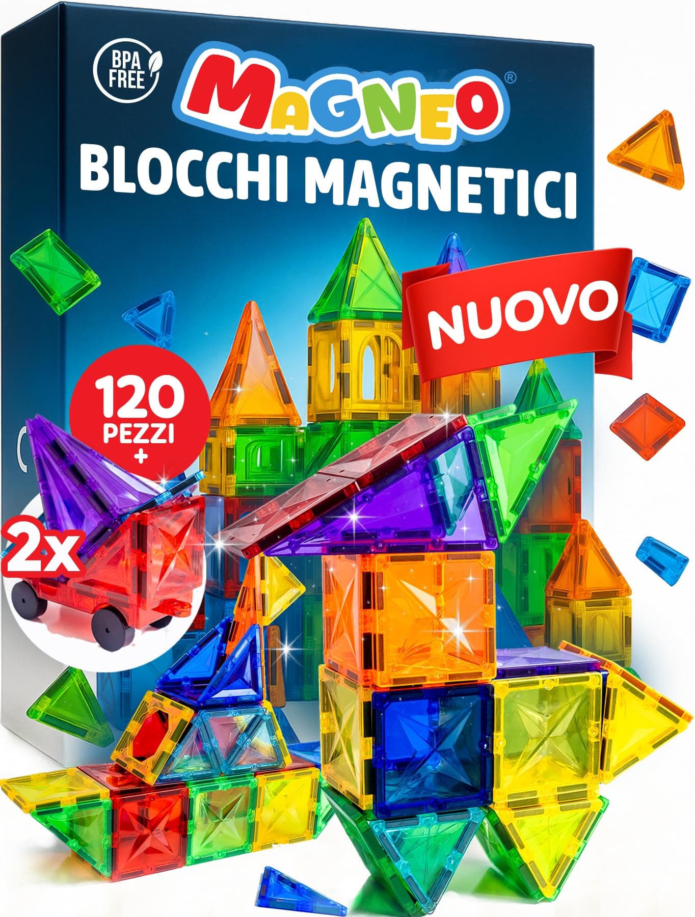 Magneo® Blocchi Magnetici 120 Pezzi (2 Auto) – Costruzioni Magnetiche per Bambini 3+ – Gioco Creativo con Magnetic Tiles – Blocco da Costruzione Educativo – Idea Regalo Bimbi