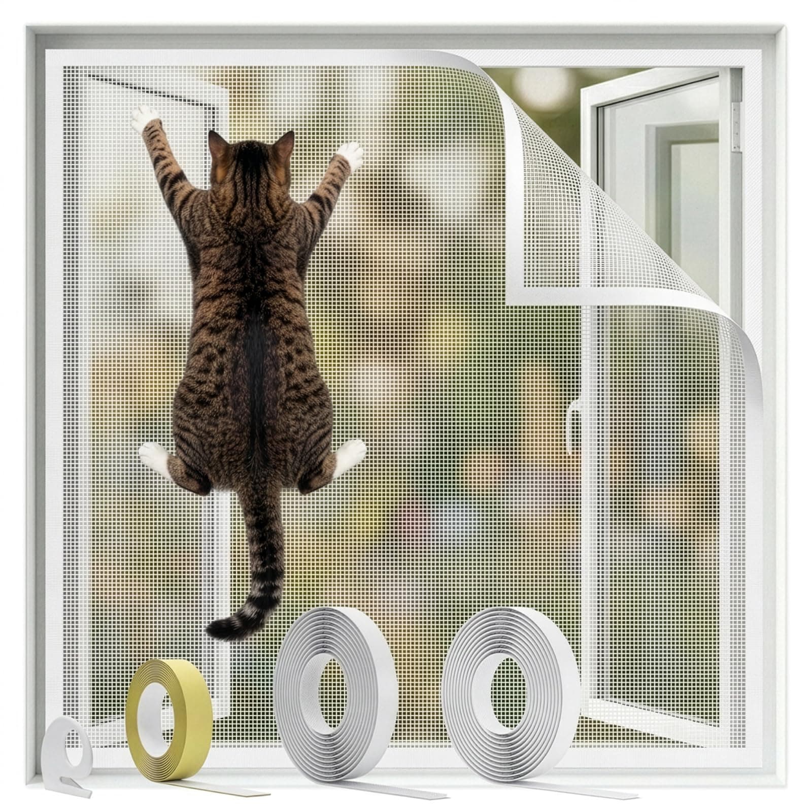 BKSAI Moustiquaire Anti-Chute pour Chat – Renforcée Anti-Griffes 320g/m², Protection Fenêtre Sécurisée sans Perçage, Filet Auto-adhésif pour Empêcher Les Chutes de Chat, 100x130cm Beige-Blanc