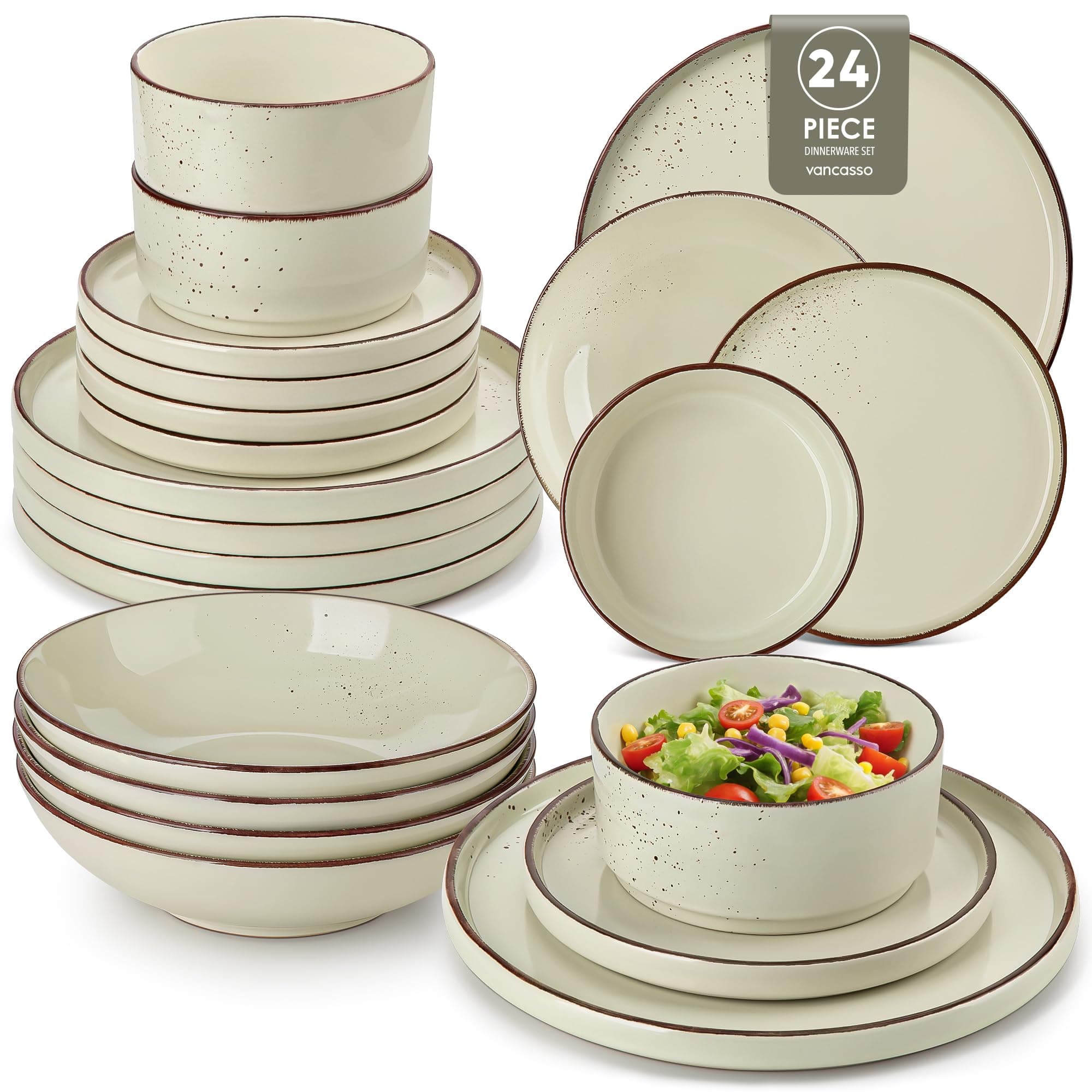 vancasso NAVIA - Vajilla Completa de 24 Piezas para 6 Personas, Platos Vajilla Moderna de Gres - 6 Cuencos Cereales, 6 Postres, 6 Platos Llanos y 6 Hondos - Apto para Microondas y Lavavajillas - Beige