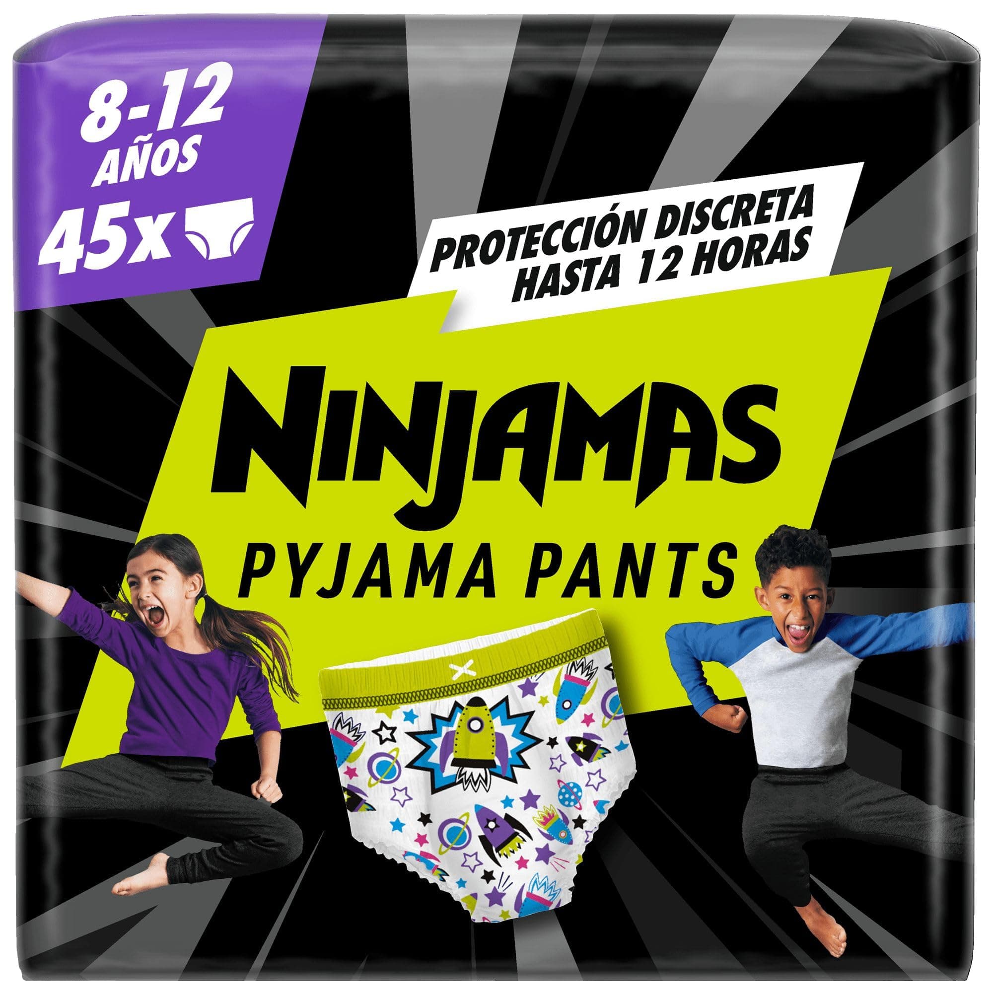 Dodot Pañal-Braguita Ninjamas, Talla 8-12 años (27-43 kg), 45 pañales tipo braguita, pañal noche con Naves espaciales, Protección Antifugas durante Toda La Noche