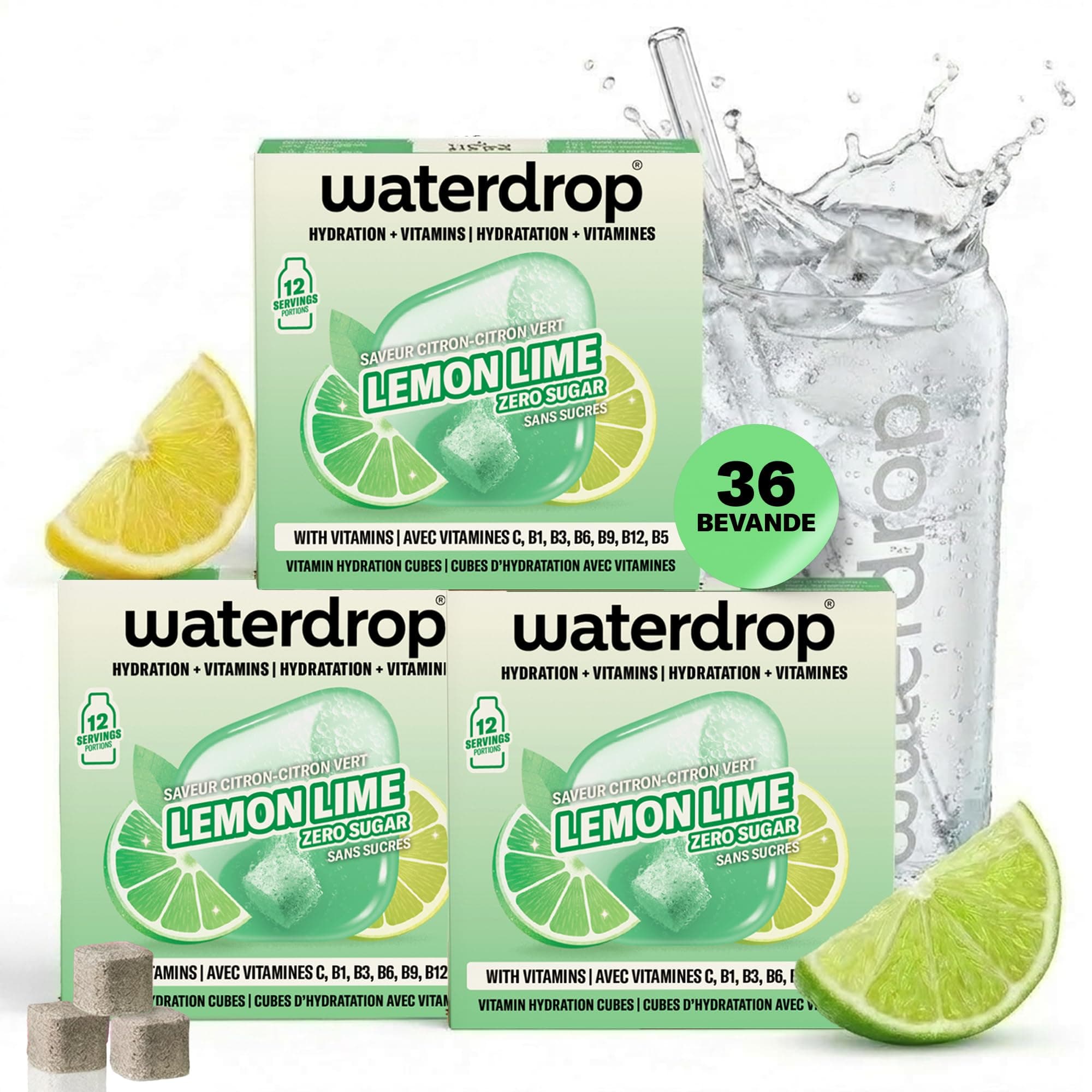 waterdrop® LIMONE LIME - 36 cubetti waterdrop per acqua dal gusto frizzante di Lime e Lemon Soda - insaporitore acqua senza zucchero - alternativa a acqua aromatizzata, sciroppi, cubetti per bevande