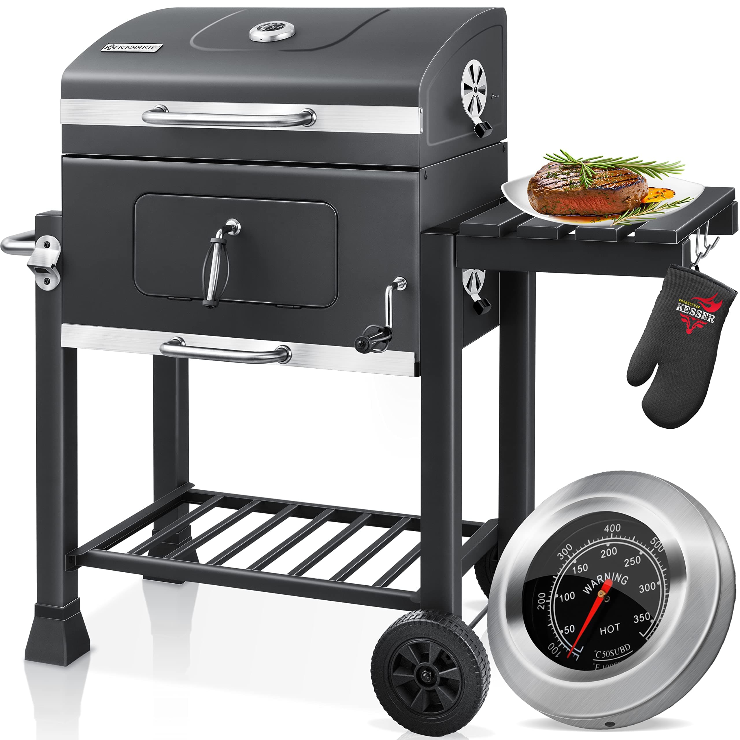 KESSER® Parilla de Carbón con Carrito Grill con Tapa, Ruedas, Mango de Acero Inoxidable | Barbacoa y Termómetro Carbón Grande BBQ Asador Camping, Terraza, Jardín XL Gris