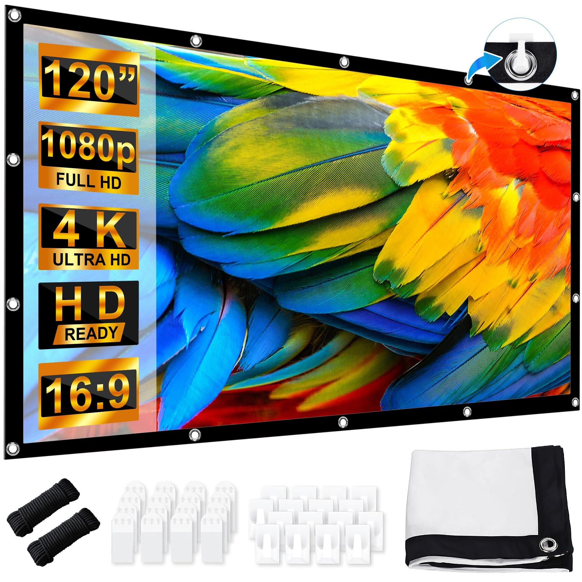 Pantalla Proyector 120 Pulgadas, LEORFI Portátil Pantalla Proyector Soporte 16:9 4K Full HD, 275x156 cm Pantalla de Proyección de Doble Cara para Patio, para Cine casa Camping Eventos Recreativos