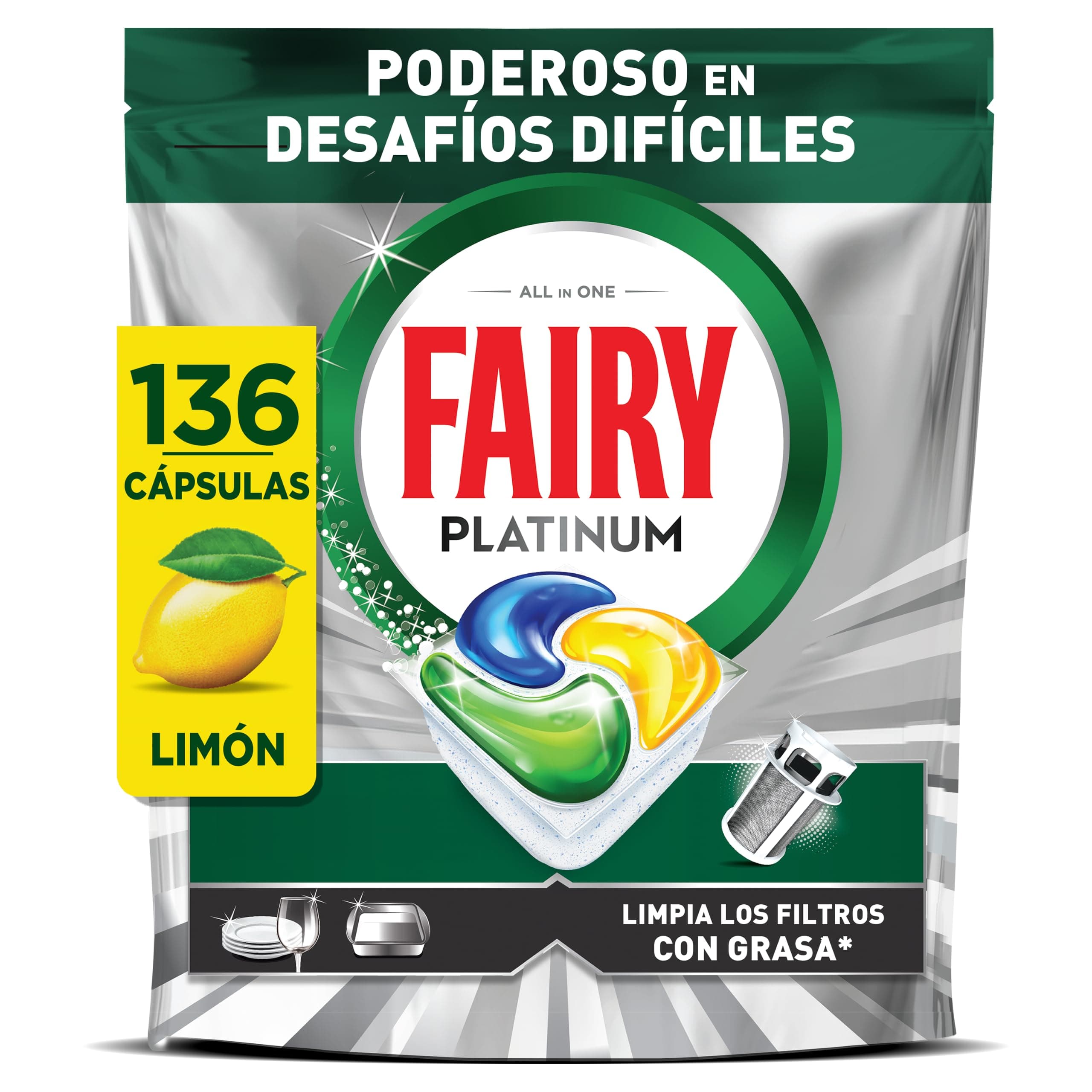 Fairy Platinum Cápsulas De Lavavajillas, Limón, 34 Cápsulas, Potente Incluso Con Los Restos De Comida Más Difíciles, Platos Limpios, Lavavajillas Brillante, Filtro Limpio Sinasa (Paquete de 4)