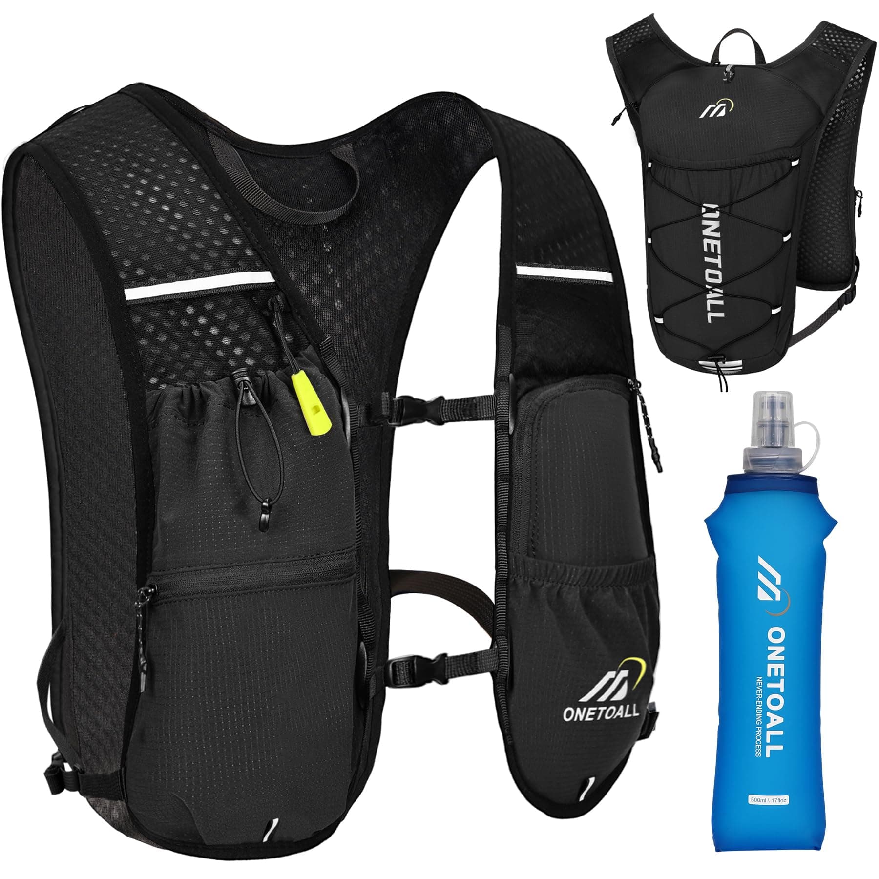 ONETOALL Chaleco Running Hombre Mujer, Ligero Mochila Hidratacion Trail Running, Mochila Running, Chaleco para Correr con Bolsa Agua 2L o Botella 500ml, Silbato y Reflectante para Correr Senderismo