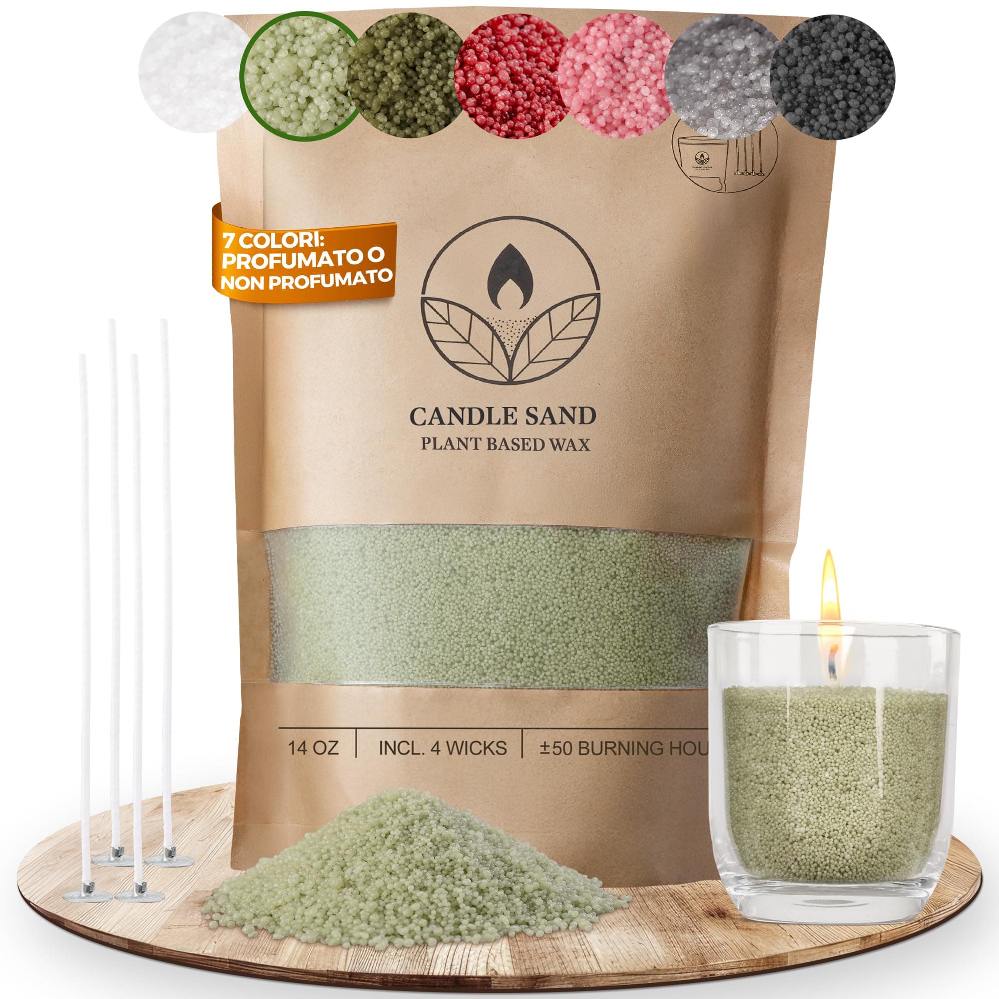 comforder Sabbia per Candele con stoppini, granuli di Cera, Candele Fai da Te, 400 g, Perline di Cera per Candele + 4 stoppini per Candele (Verde Chiaro)