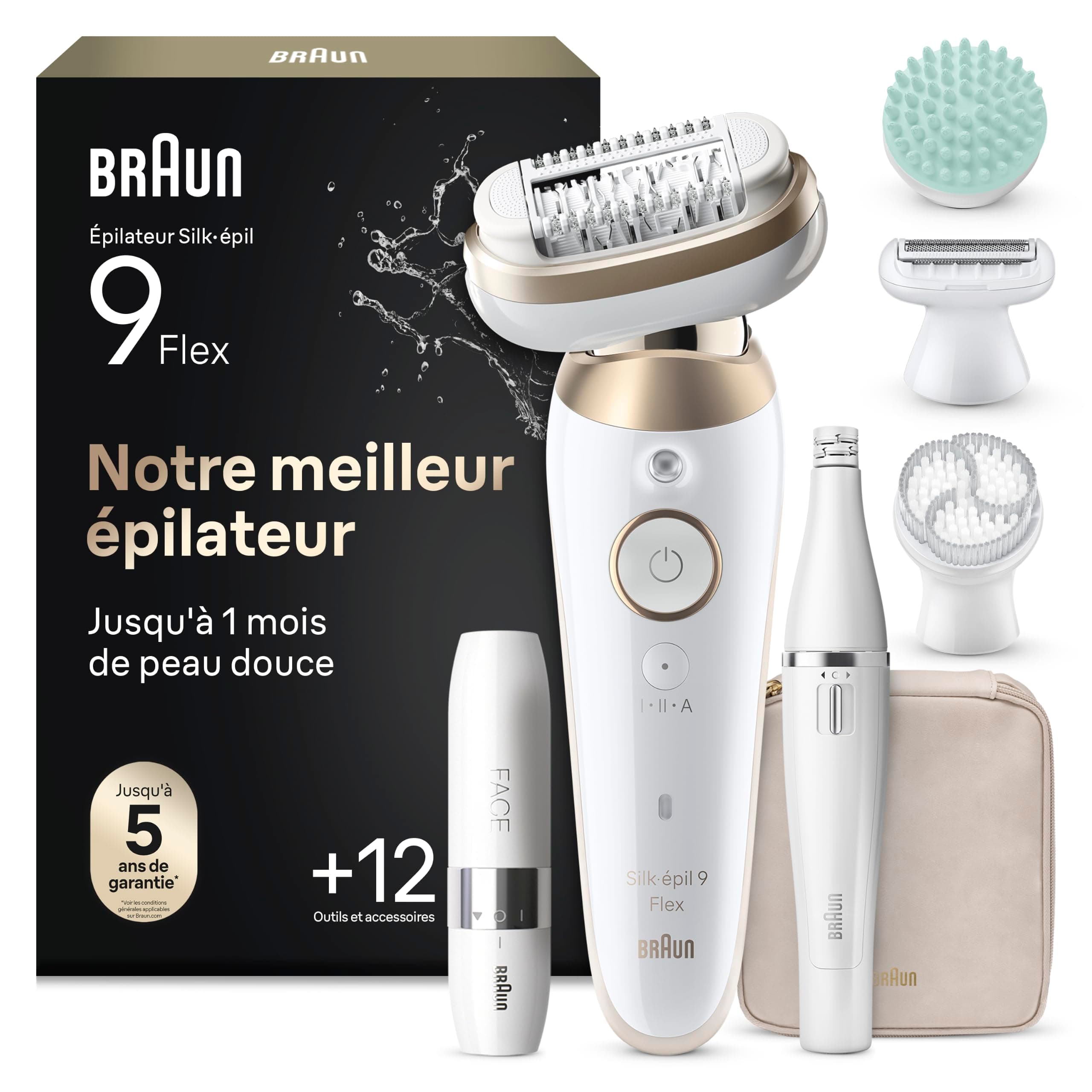 Braun Epilateur Electrique Femme Silk Epil 9, 9-681 3D FaceSpa, Blanc et Or – Etanche, Tête Flexible à 360°, Coffret Epilation Tout-en-Un, Mini Rasoir Visage, Brosse Exfoliante, Sabot Tondeuse