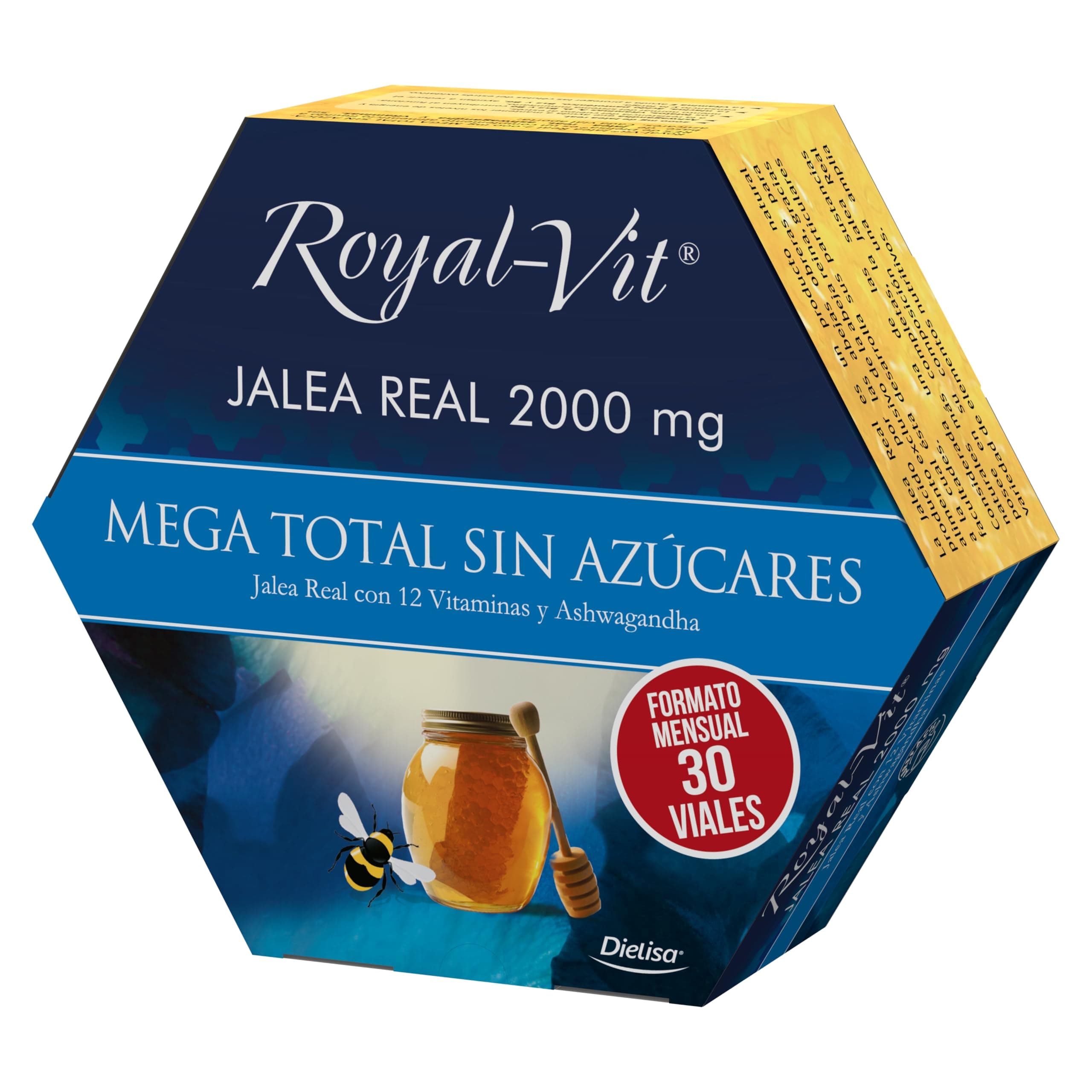 Dielisa, Royal Vit, Jalea Real 2000mg Mega Total sin Azúcares, con 2000mg de Jalea Real, Ashwagandha y Vitaminas que ayudan a mantener los niveles de energía, Formato mensual - 30 viales