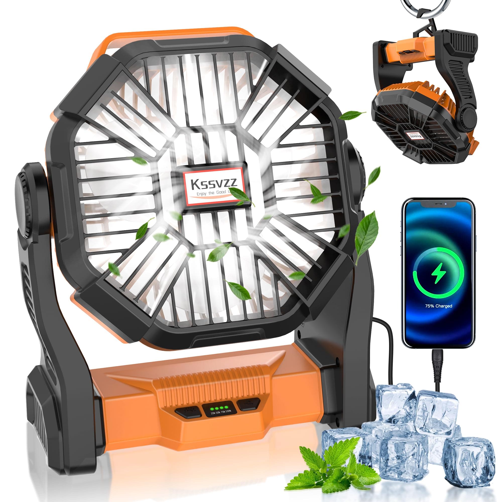 Ventilateur Camping avec LED, 4 Vitesses 20000mAh ventilateur Rechargeable, 270° rotation ventilateur usb avec Crochet, Ventilateur Batterie Portable pour Camping, Pêche, Bureau, Extérieur (Orange)