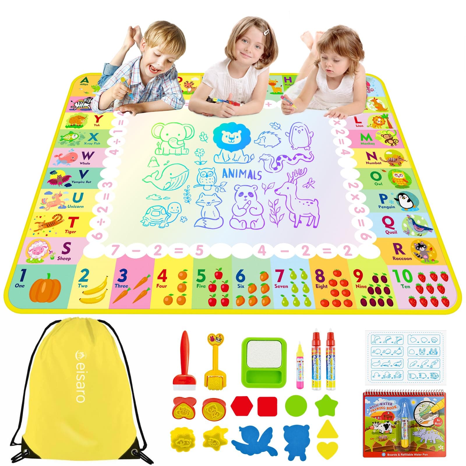 Alfombra para Pintar con Agua, Pizarra Mágica Reutilizable 120x90 cm – Juguete Educativo de Aprendizaje Temprano para Niños de 2 a 6 Años, Regalo sin Tinta ni Mancha con 4 Bolígrafos y Libro de Dibujo
